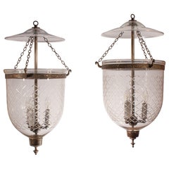 Antique Pair of Bell Jar Lanterns with Diamond Etching