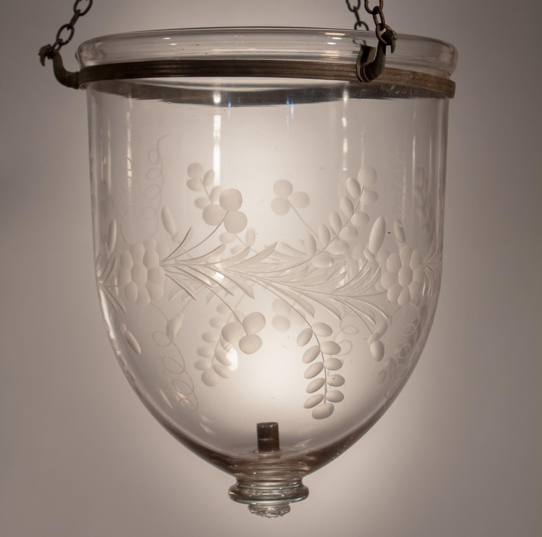 Pair of 19th Century Bell Jar Lanterns with Floral Etching 5