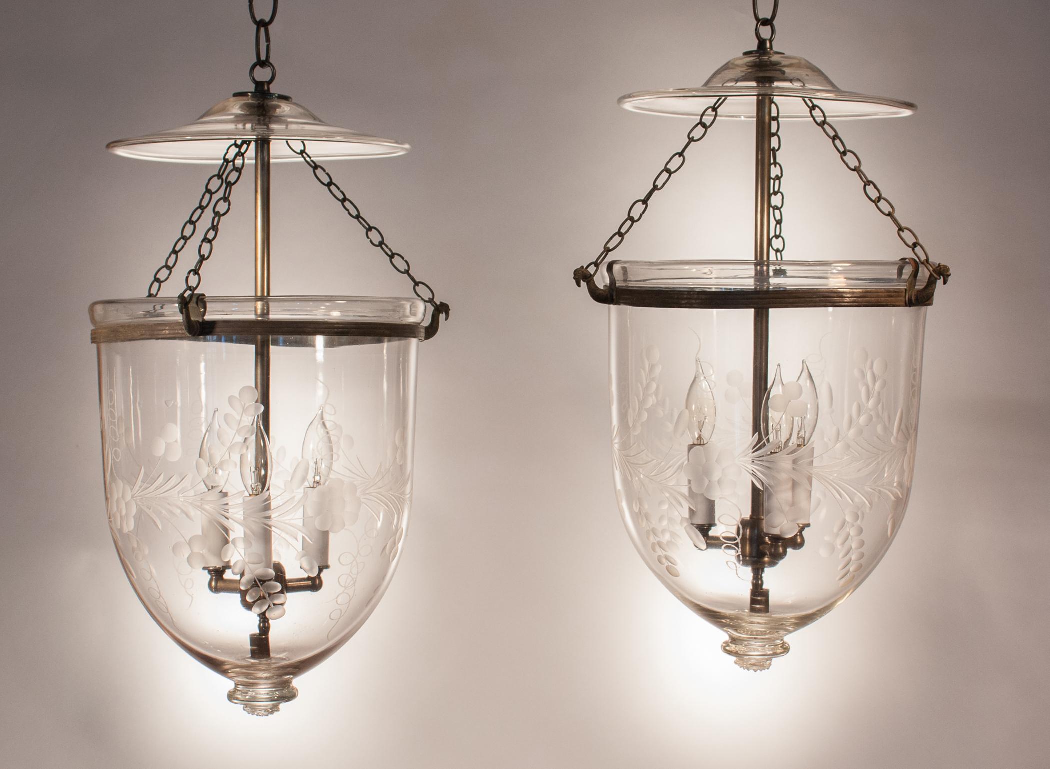 Victorian Pair of 19th Century Bell Jar Lanterns with Floral Etching