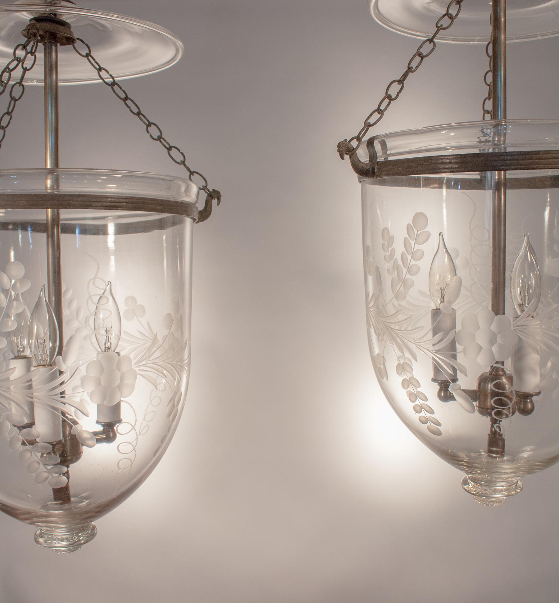 English Pair of 19th Century Bell Jar Lanterns with Floral Etching