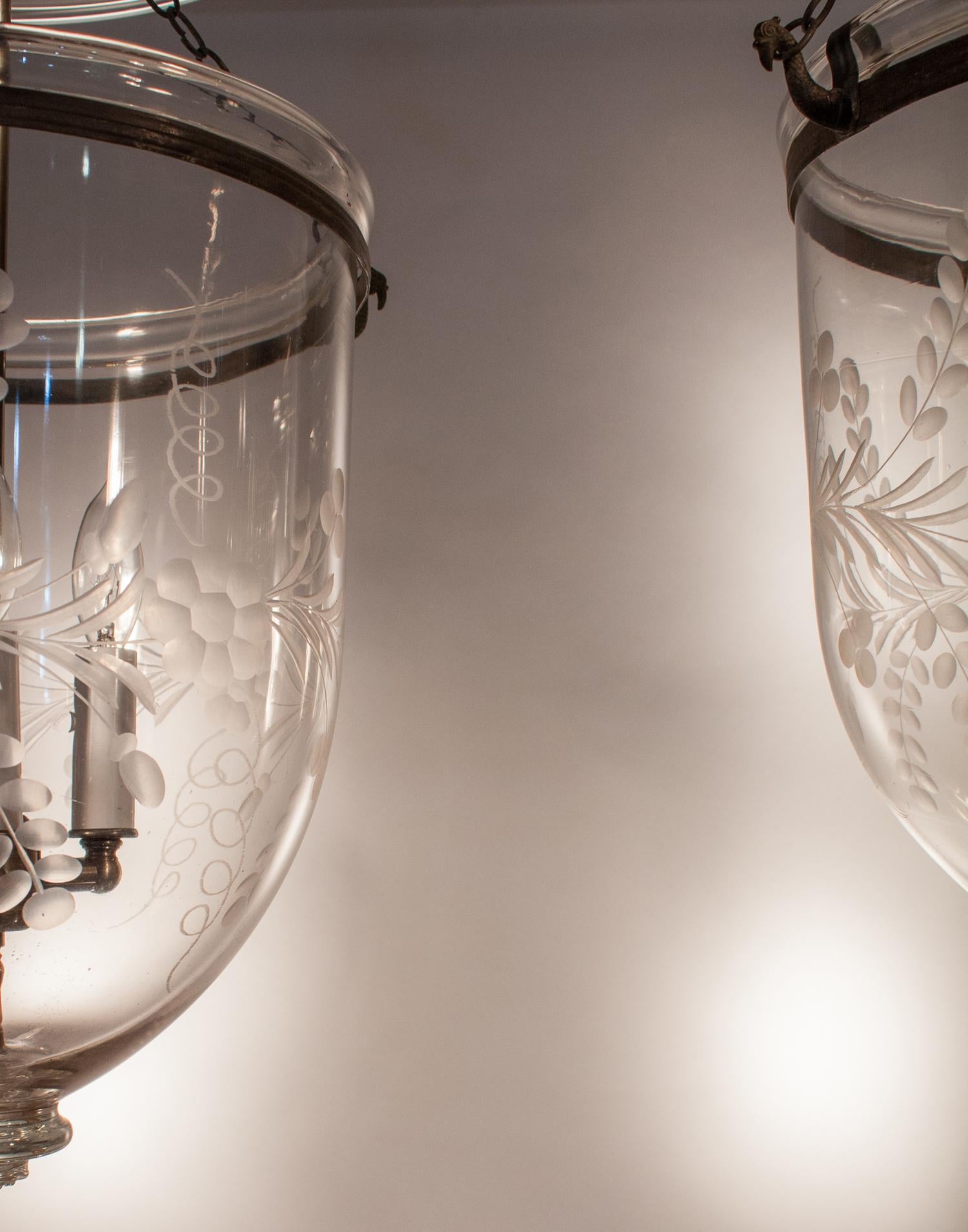 Etched Pair of 19th Century Bell Jar Lanterns with Floral Etching
