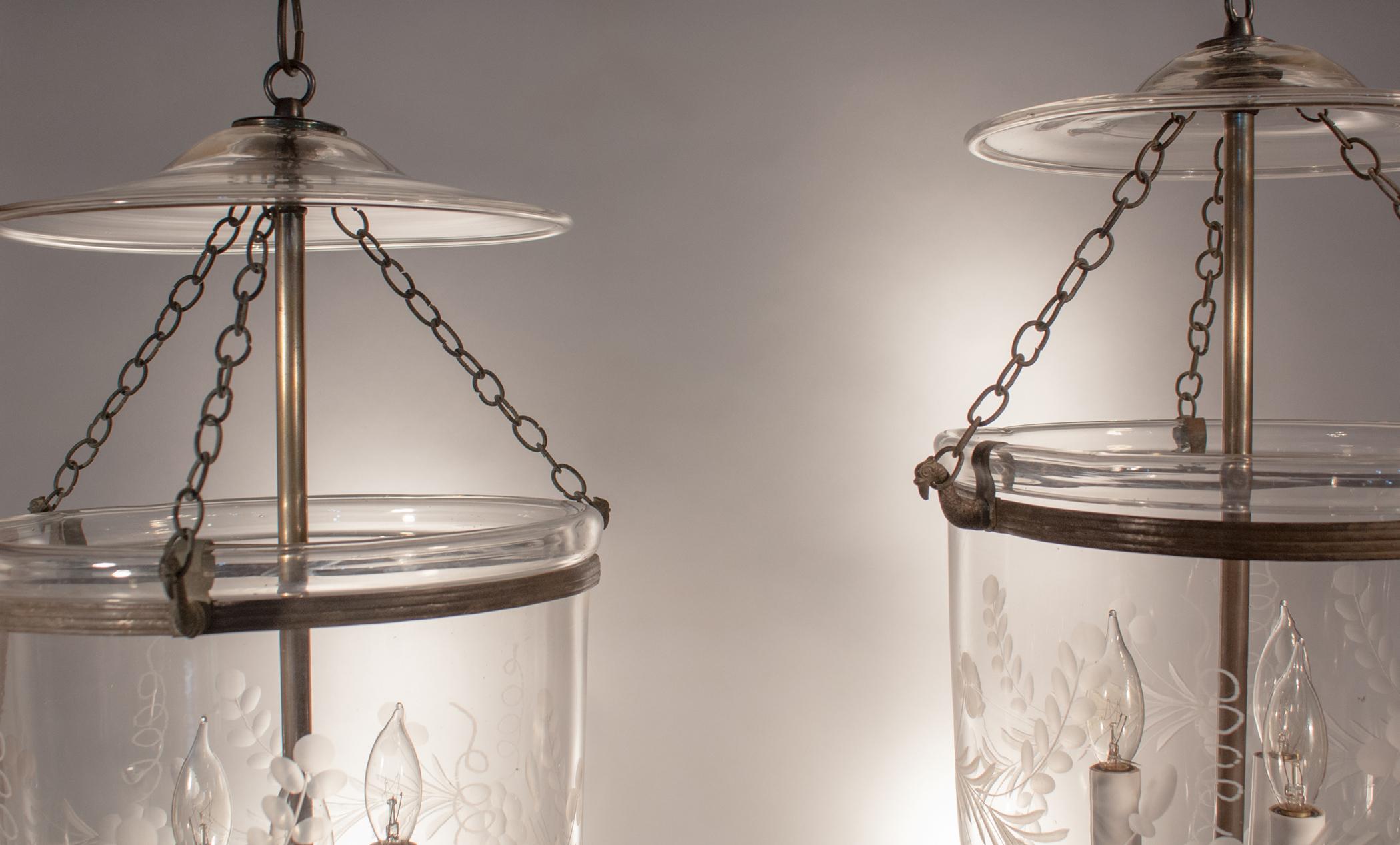 Pair of 19th Century Bell Jar Lanterns with Floral Etching In Excellent Condition In Heath, MA