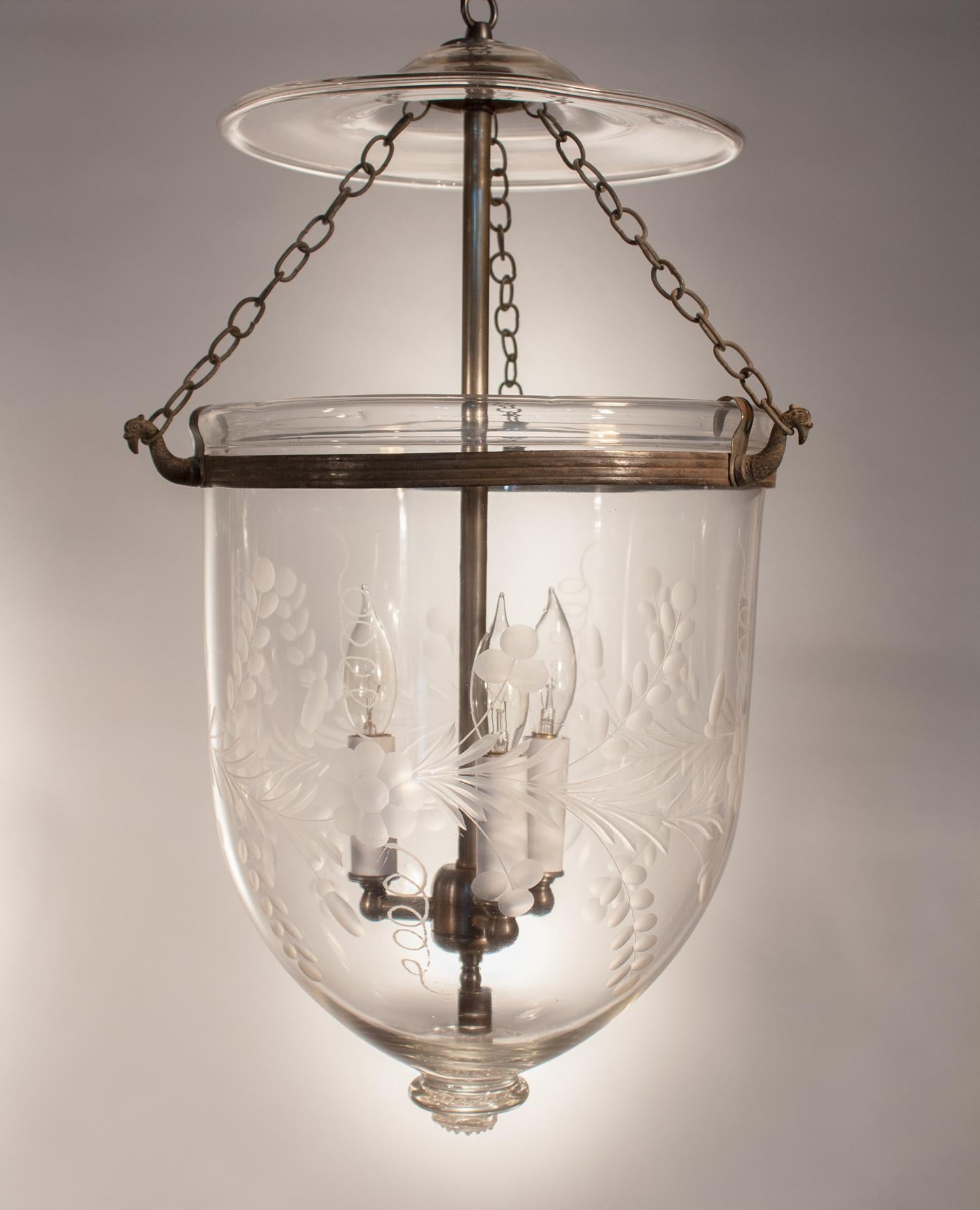 Glass Pair of 19th Century Bell Jar Lanterns with Floral Etching