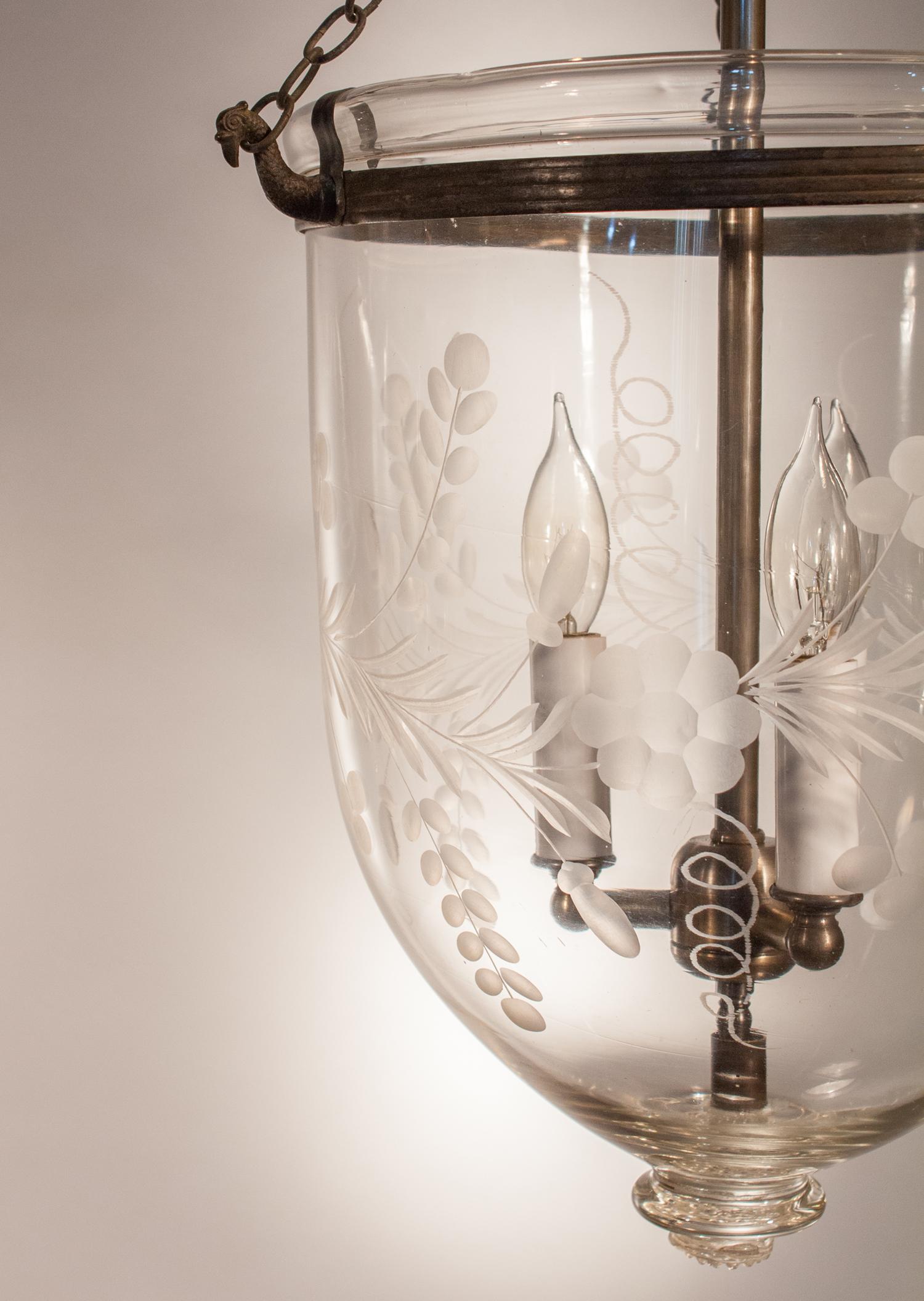 Pair of 19th Century Bell Jar Lanterns with Floral Etching 2