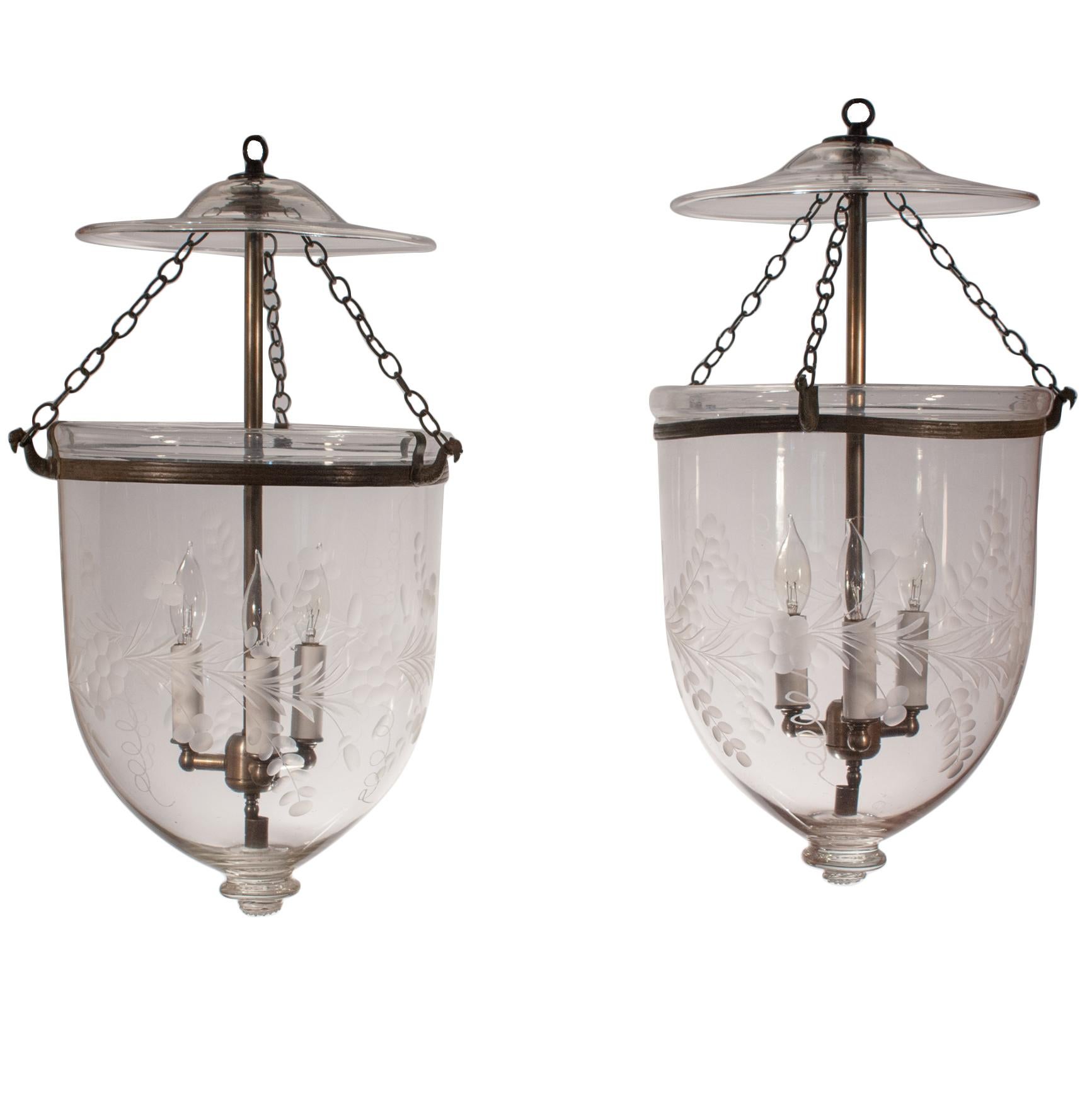 Pair of 19th Century Bell Jar Lanterns with Floral Etching