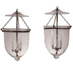 Pair of 19th Century Bell Jar Lanterns with Floral Etching