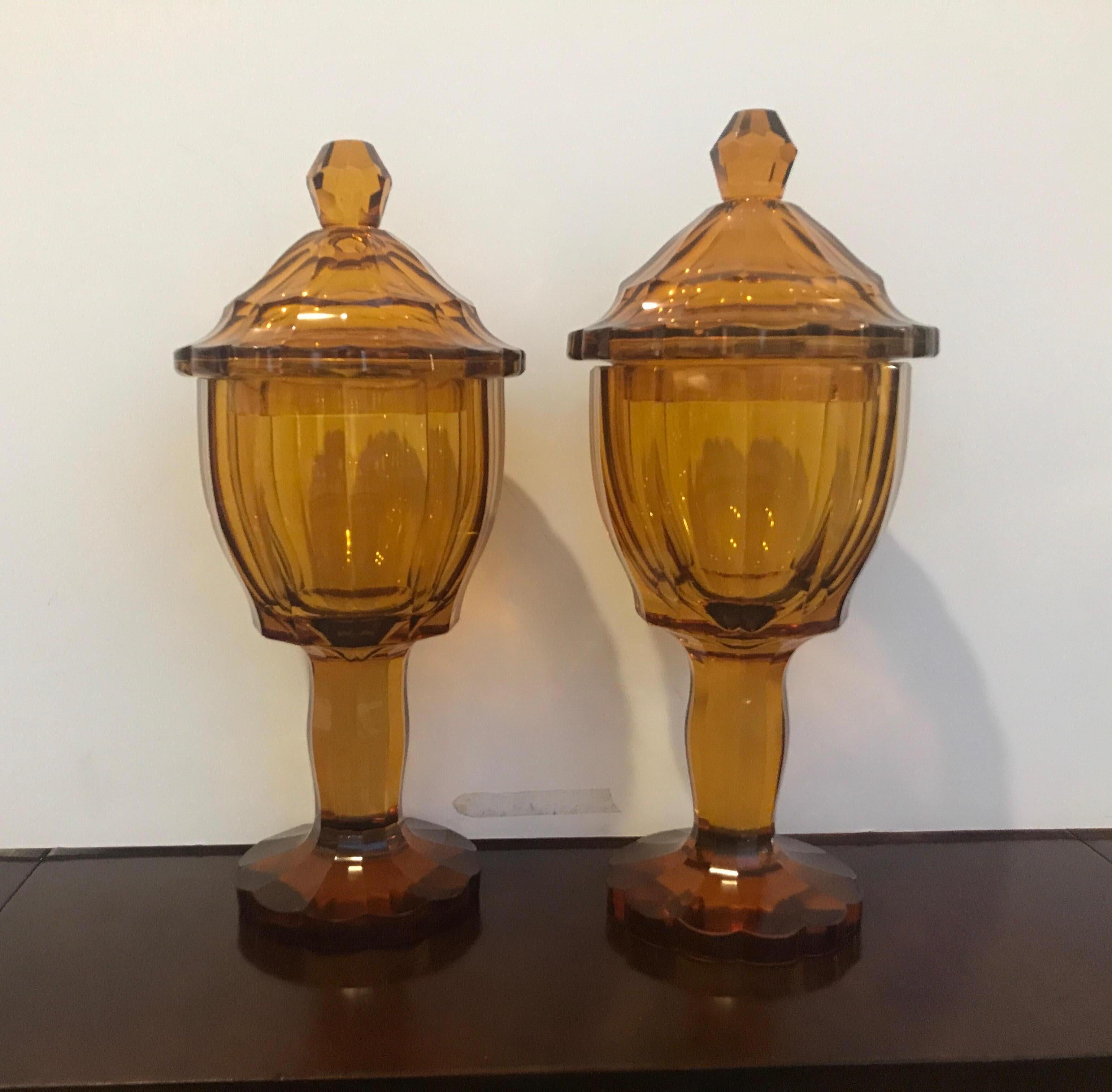 Pair of Antique 19th Century Biedermeier Amber Panel Cut Glass Chalices 10