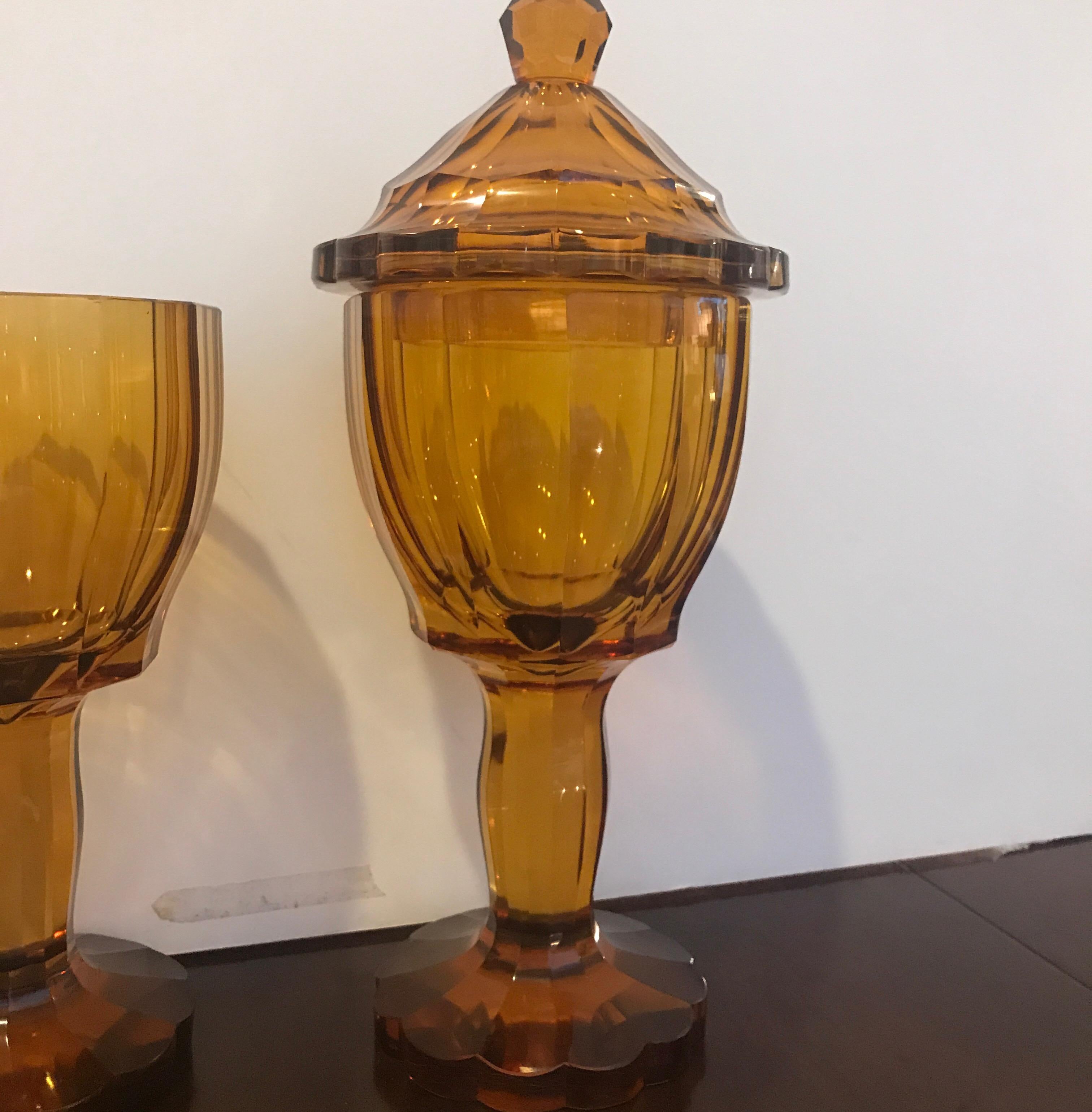 Austrian Pair of 19th Century Biedermeier Amber Panel Cut Glass Chalices