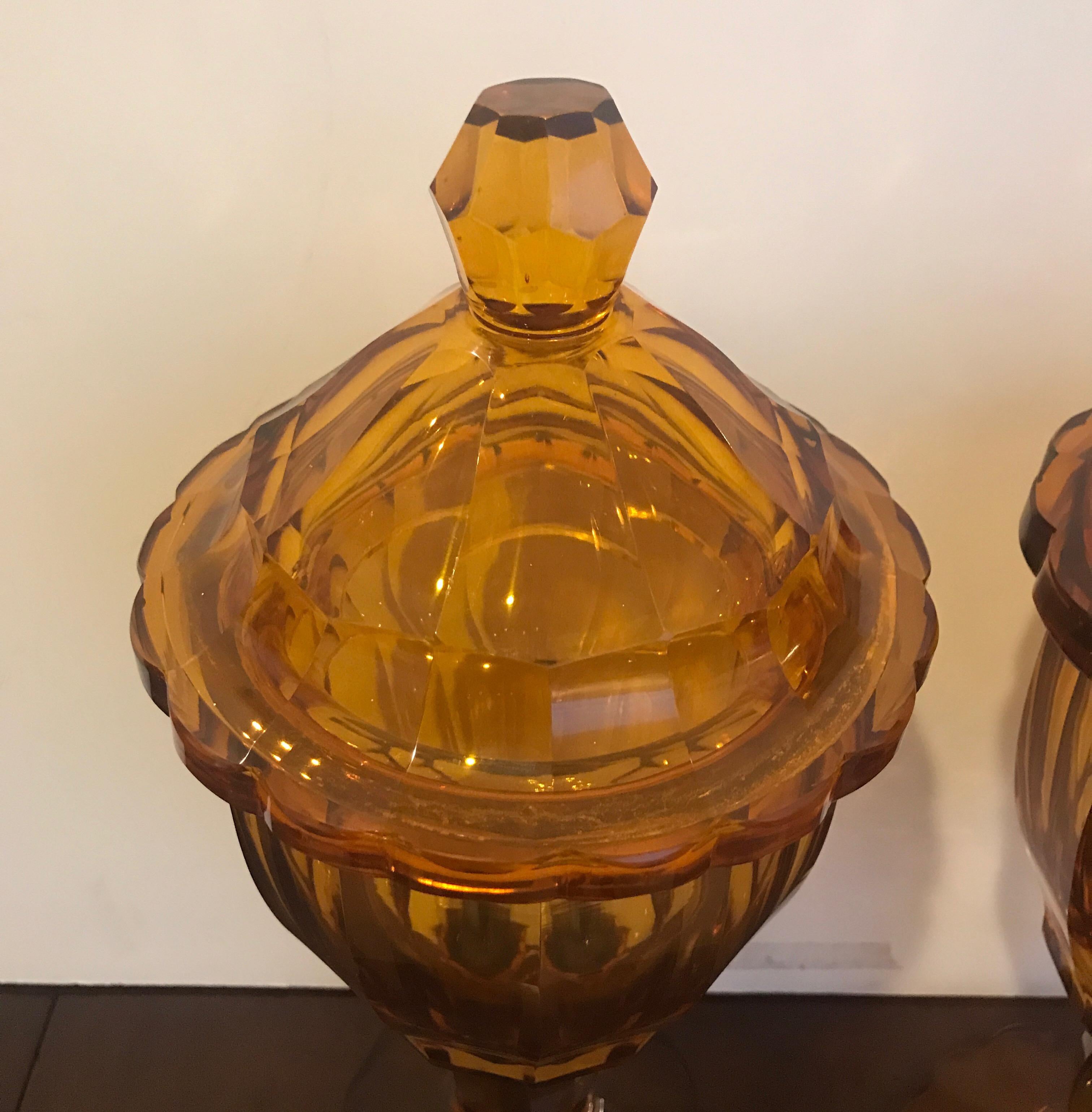 Pair of Antique 19th Century Biedermeier Amber Panel Cut Glass Chalices 1