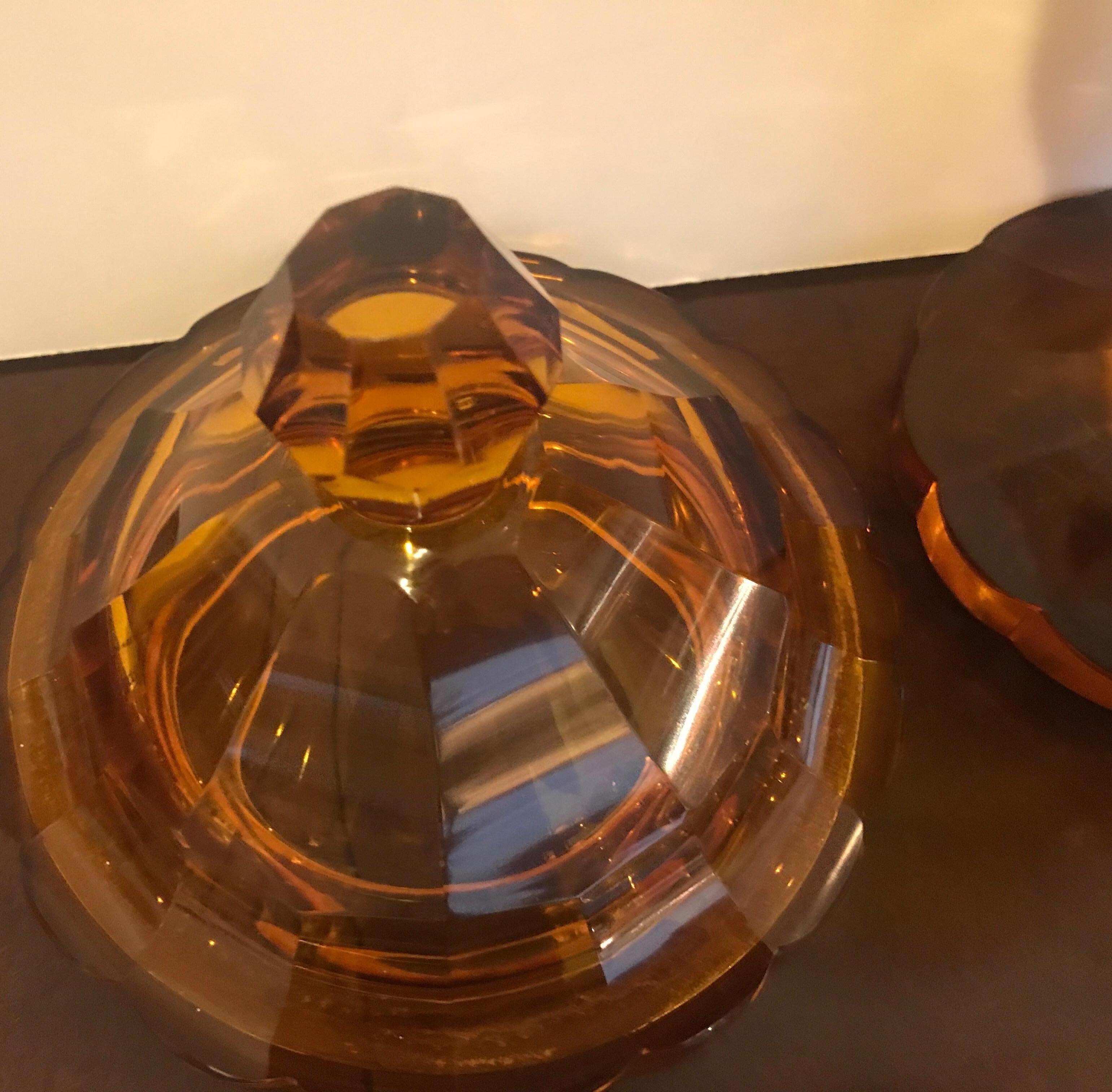 Pair of Antique 19th Century Biedermeier Amber Panel Cut Glass Chalices 3