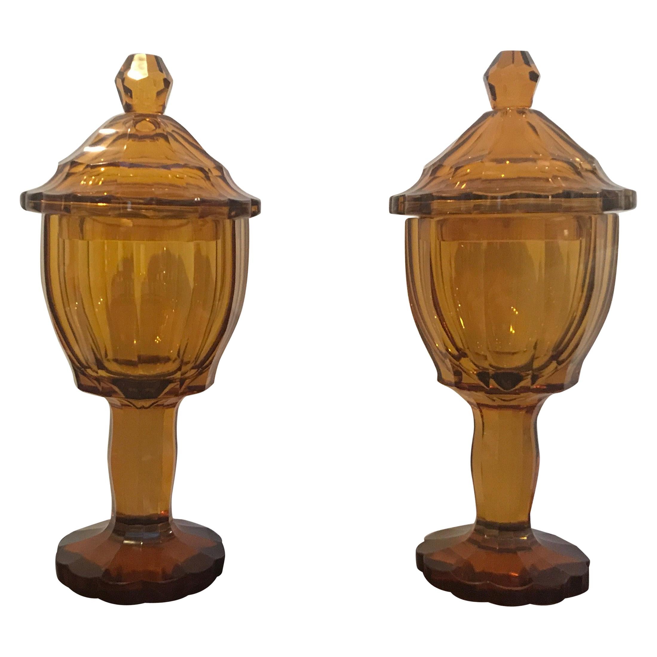 Pair of Antique 19th Century Biedermeier Amber Panel Cut Glass Chalices