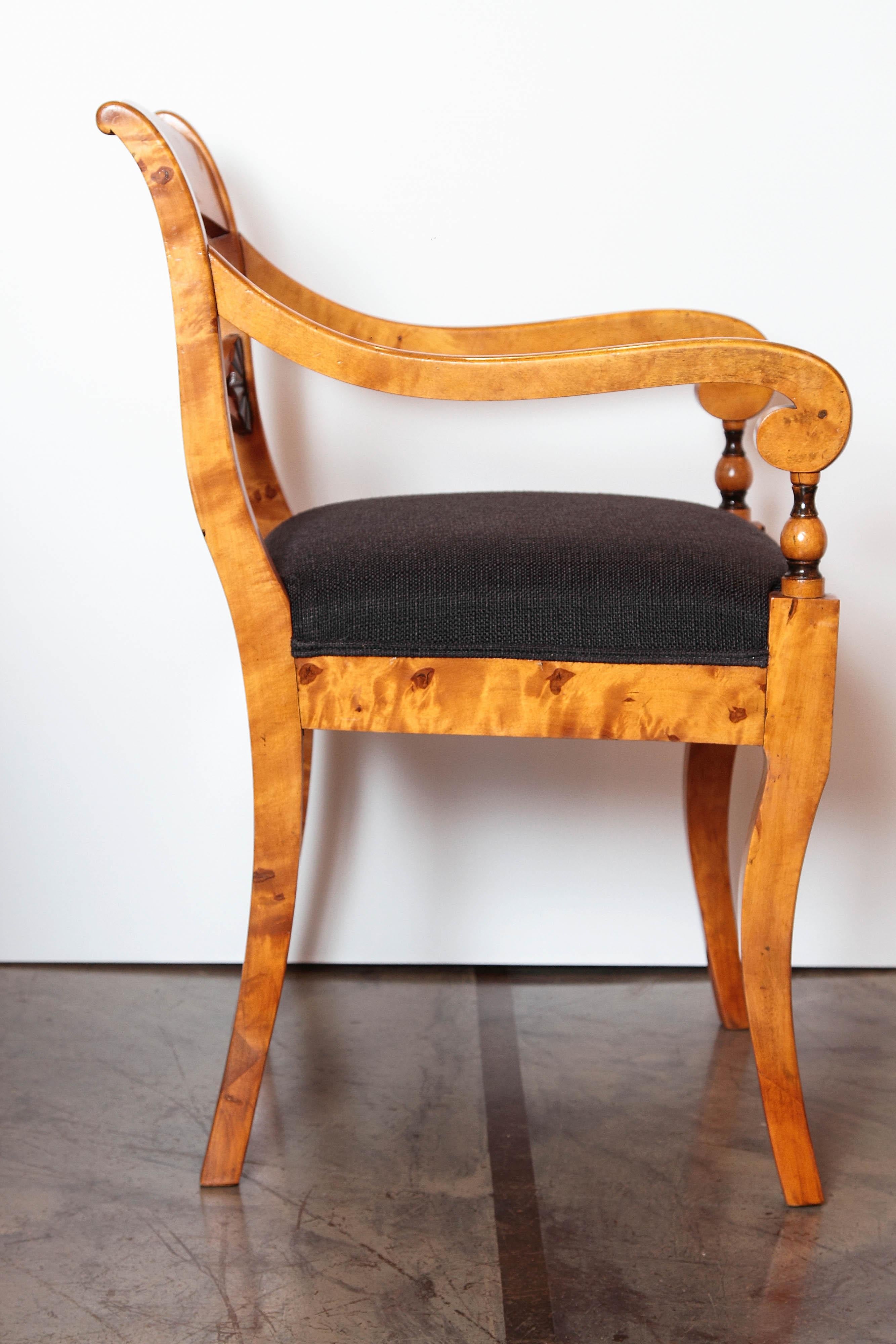 Pair of 19th Century Biedermeier Satinwood Birch and Ebonized Open Armchairs (Ebonisiert)