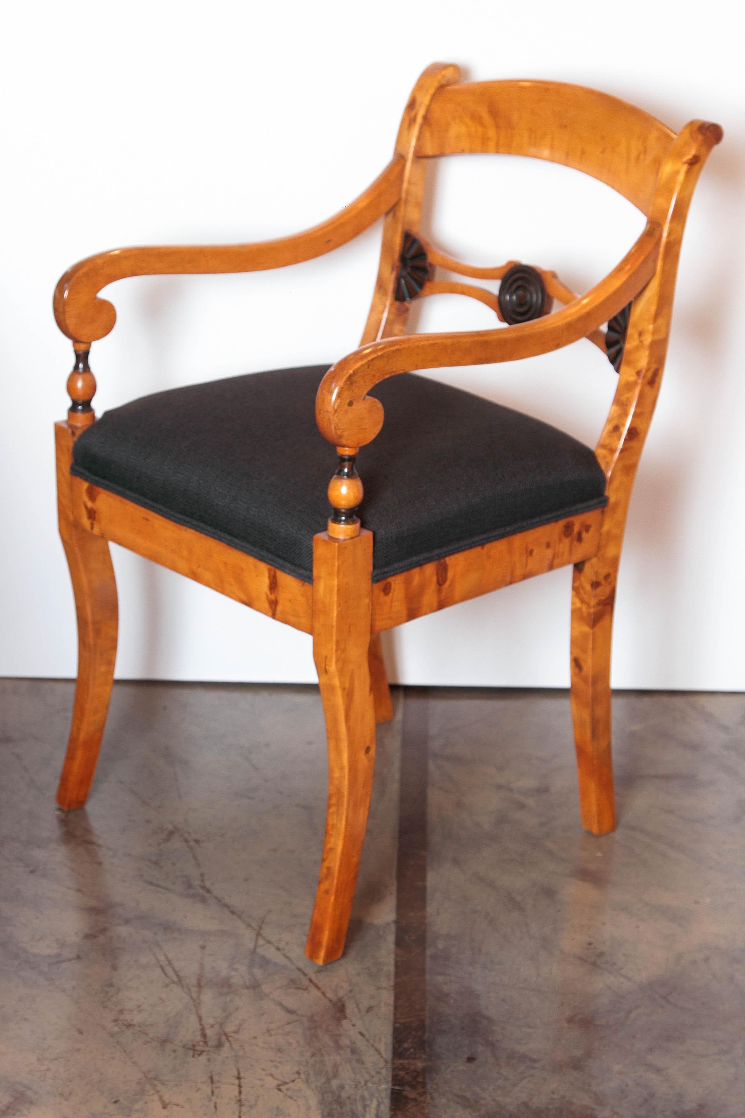Pair of 19th Century Biedermeier Satinwood Birch and Ebonized Open Armchairs (Seidenholz)