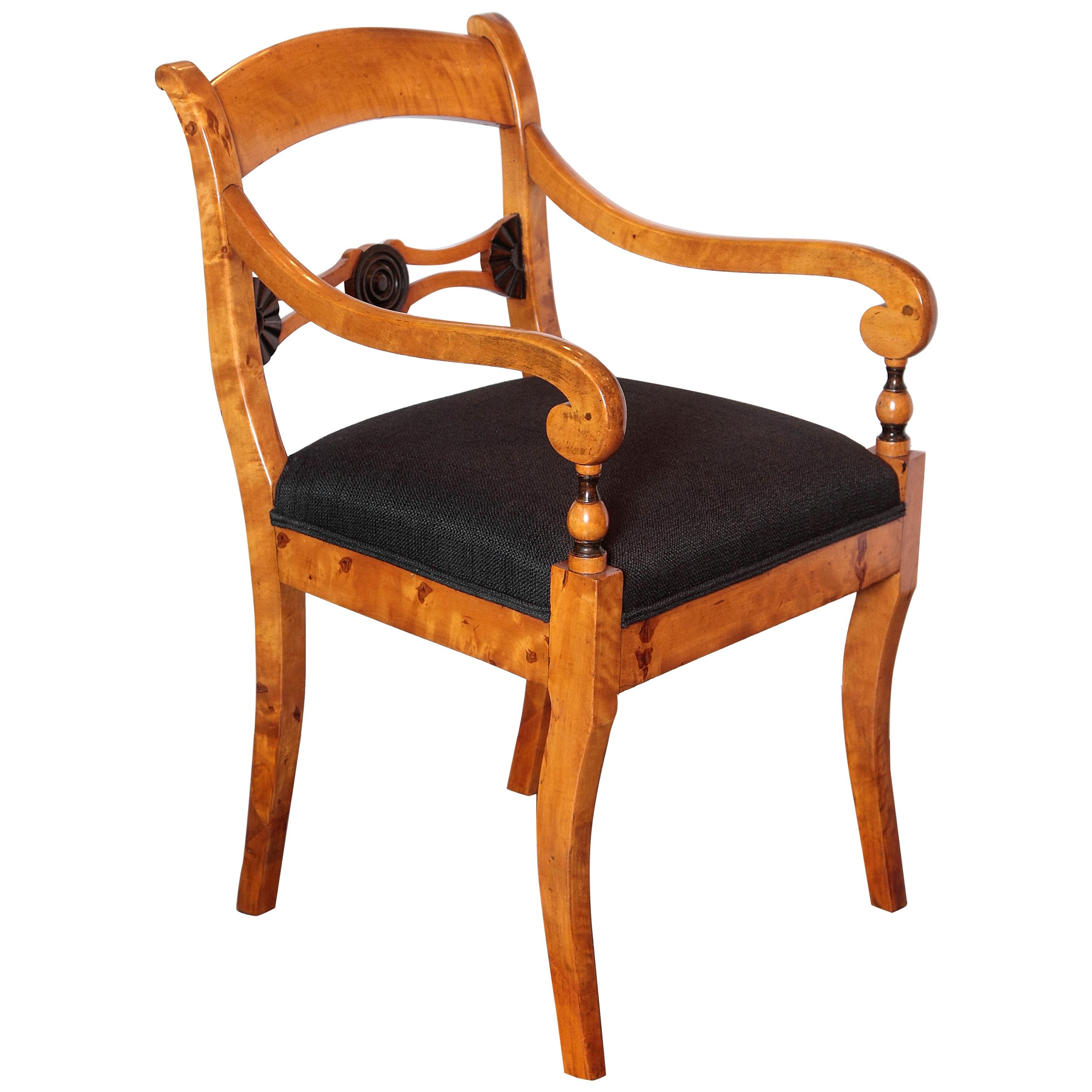 Pair of 19th Century Biedermeier Satinwood Birch and Ebonized Open Armchairs