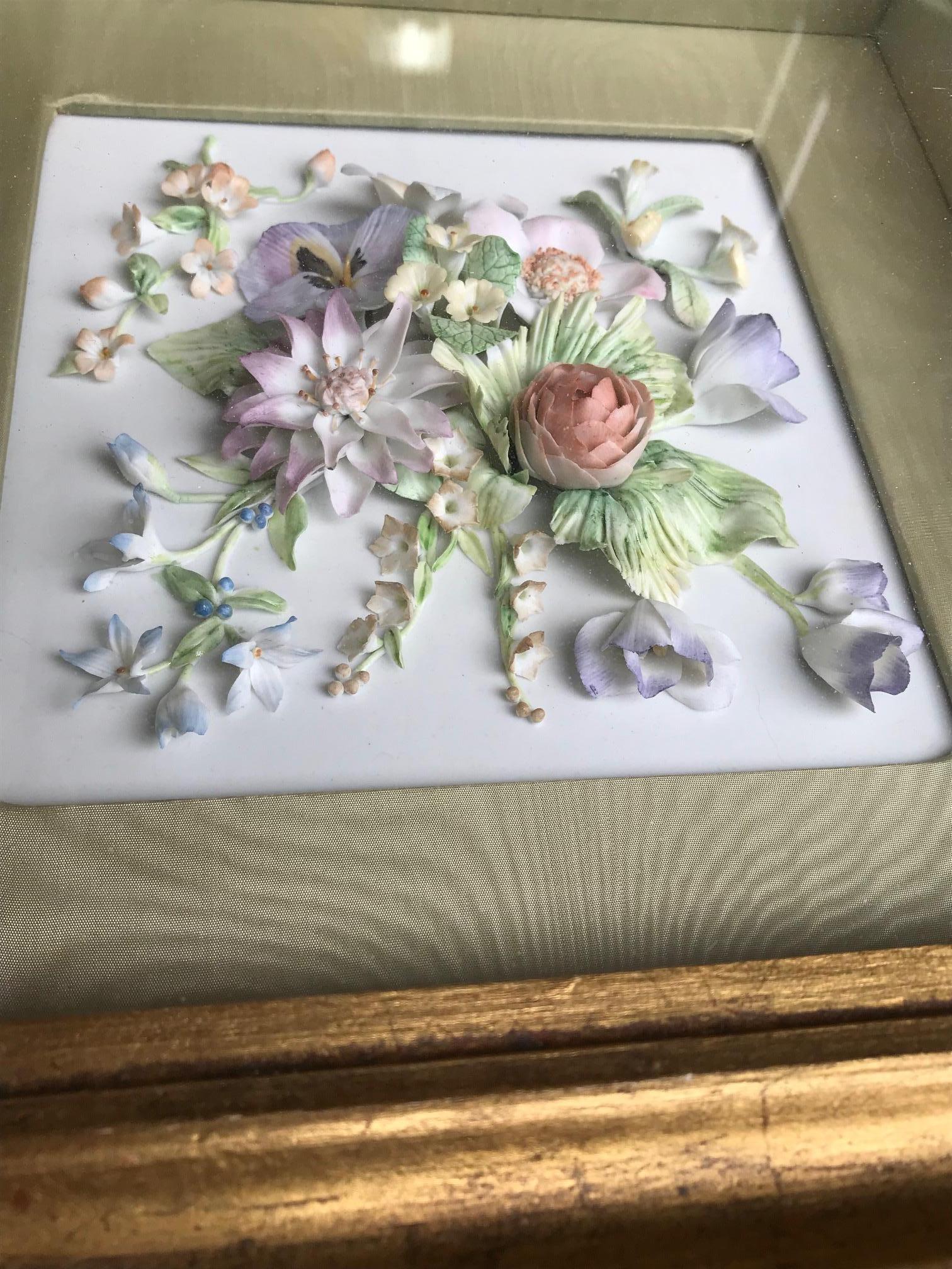 Pair of 19th Century Bisque German Porcelain Floral Plaques in Shadow Boxes 5