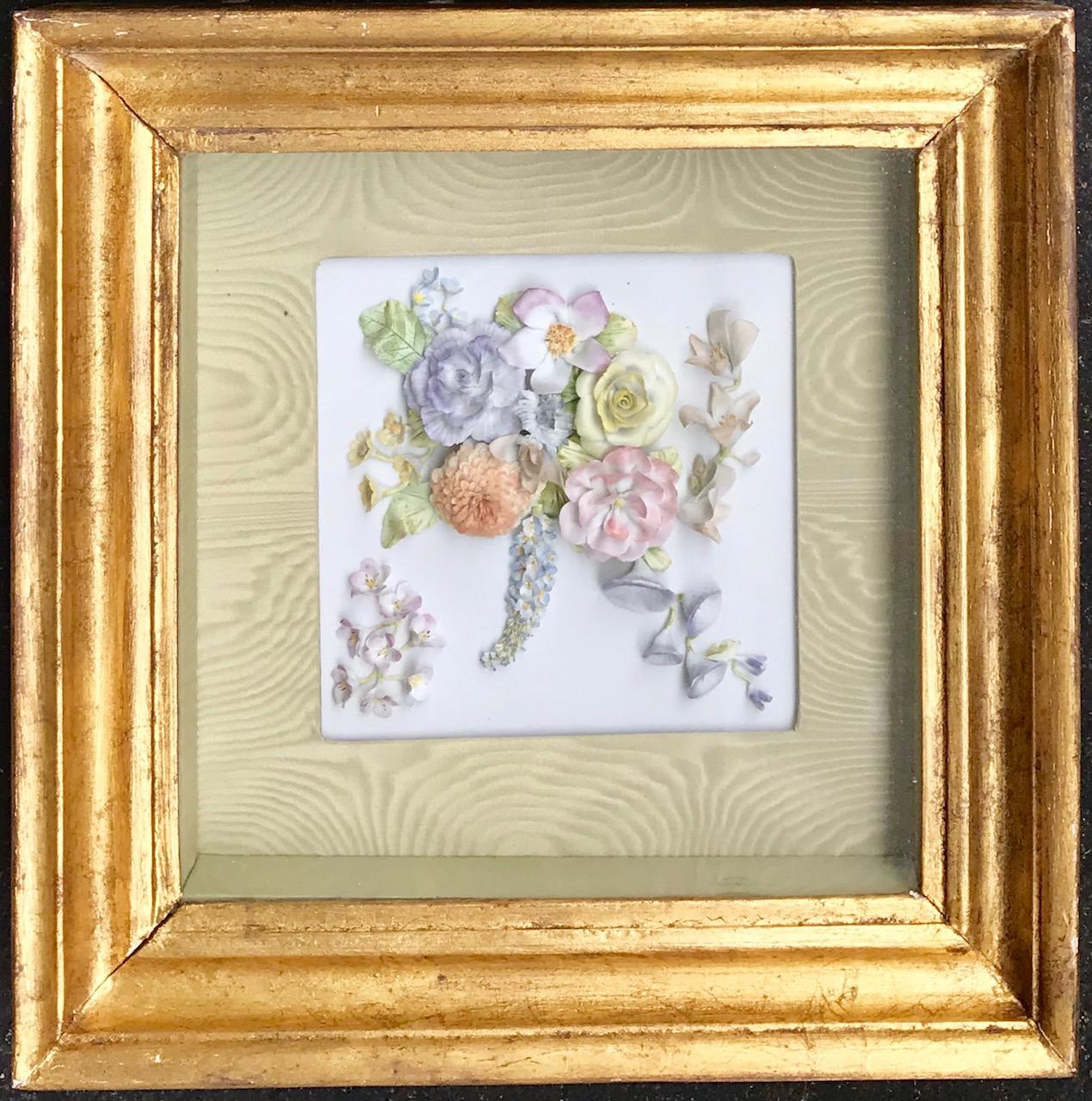 Gilt Pair of 19th Century Bisque German Porcelain Floral Plaques in Shadow Boxes