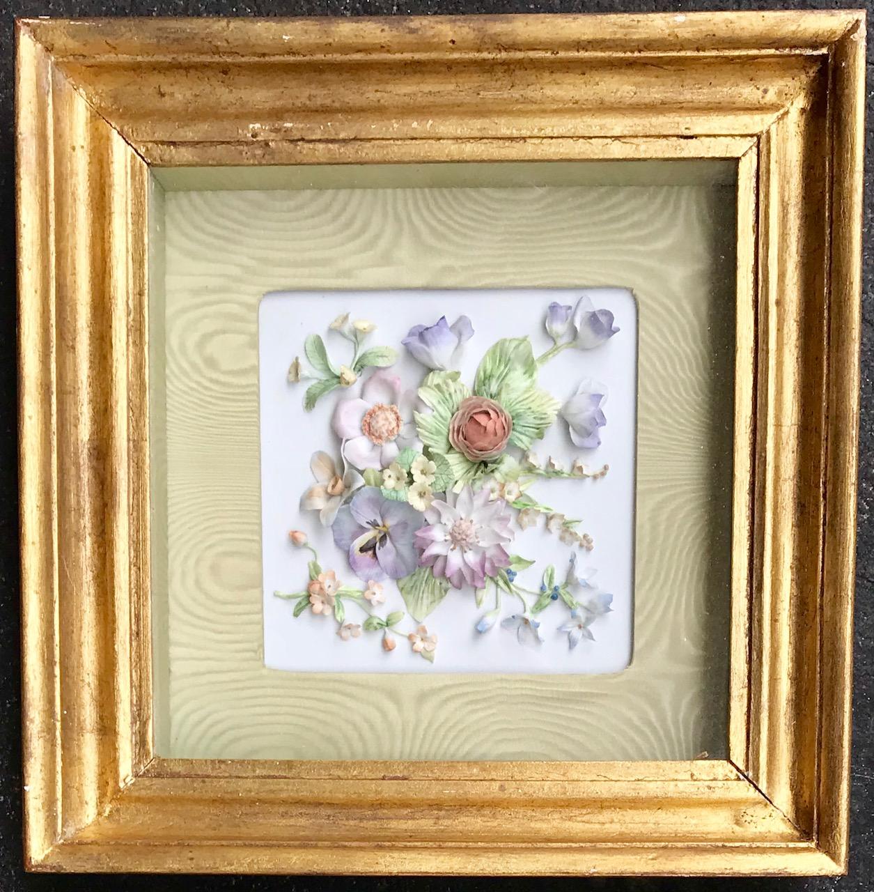 Pair of 19th Century Bisque German Porcelain Floral Plaques in Shadow Boxes In Good Condition In Vero Beach, FL