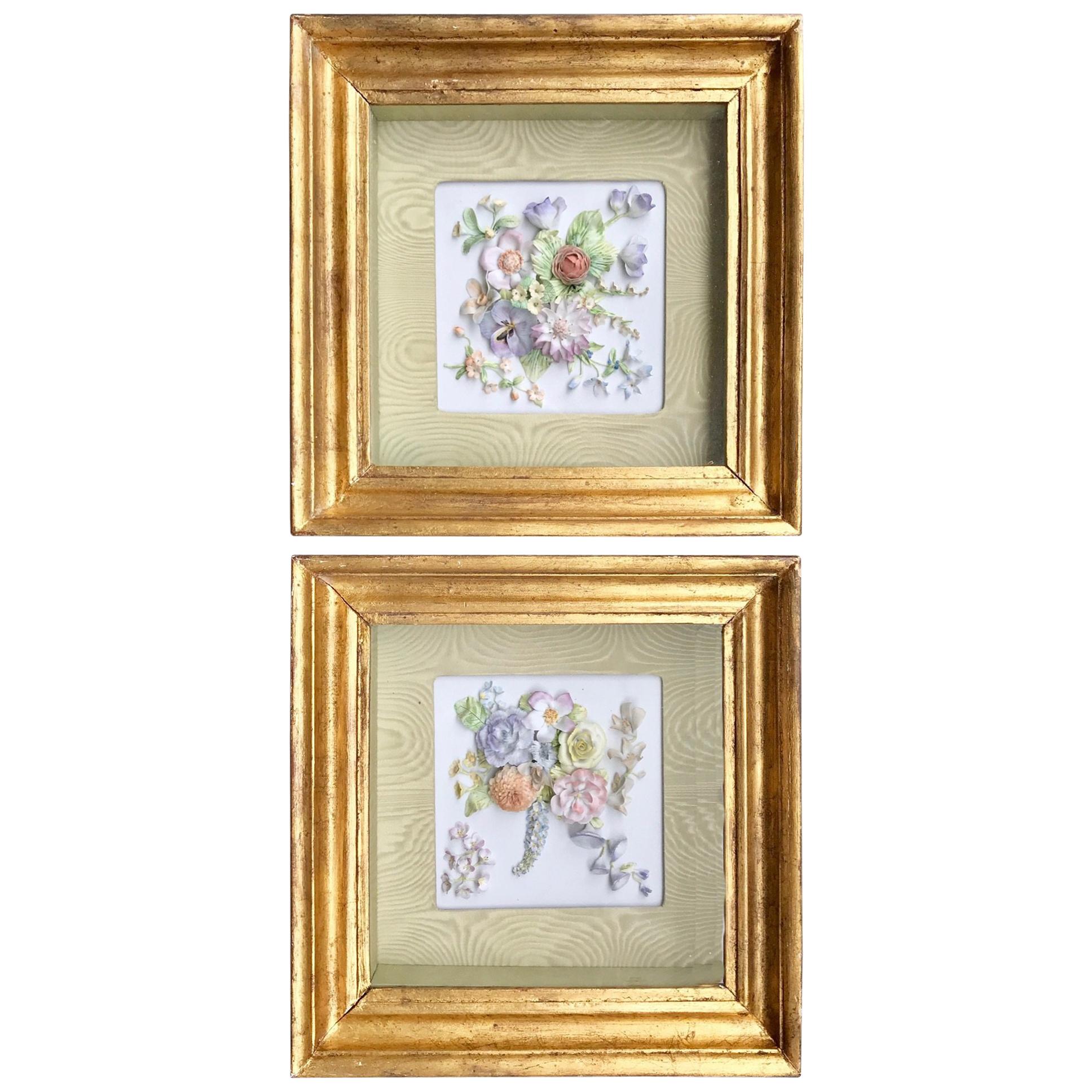 Pair of 19th Century Bisque German Porcelain Floral Plaques in Shadow Boxes