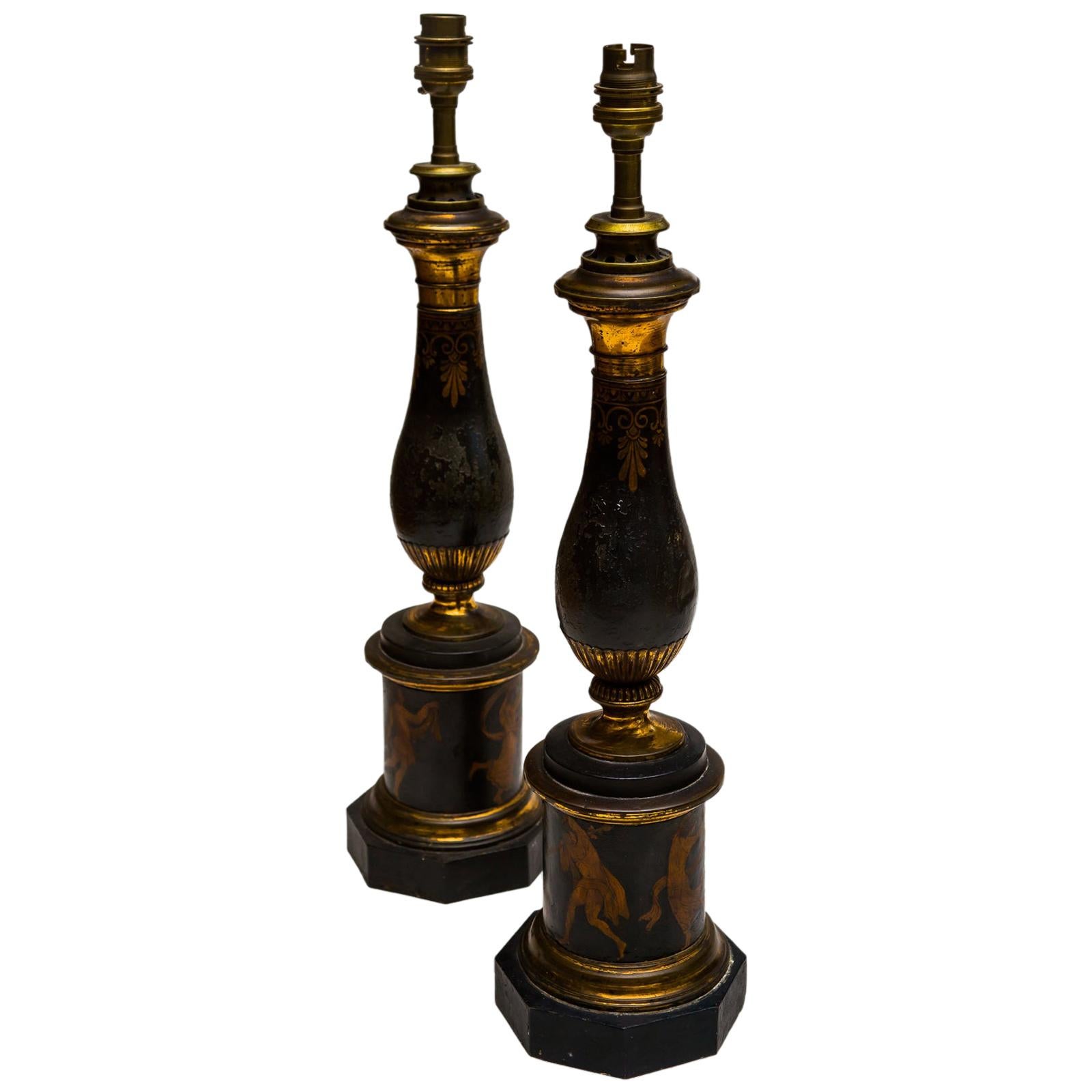 Pair of 19th Century Black and Gold Tole Ware Lamps For Sale