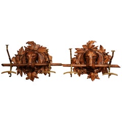 Pair of 19th Century Black Forest Carved Walnut Dog Sculptures Wall Coat Racks