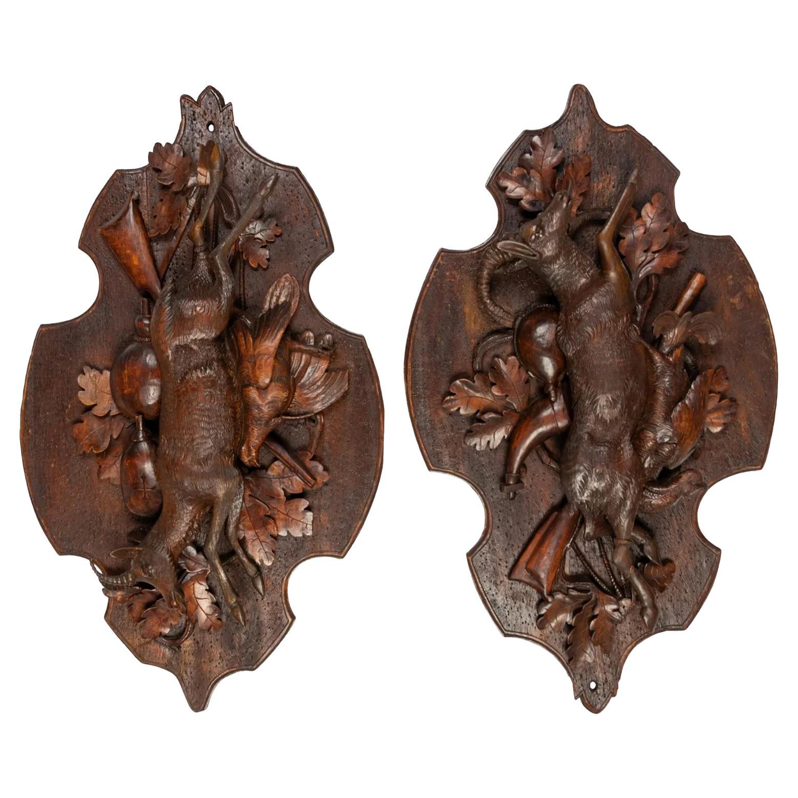 Pair of 19th Century Black Forest Carved Walnut Plaques