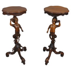 Antique Pair of 19th Century Black Forest Carved Walnut Torcheres c. 1860