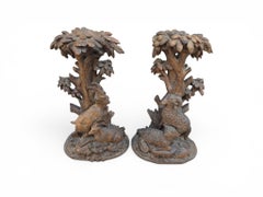 Pair of 19th Century Black Forest Carved Wooden Hunting Candlesticks