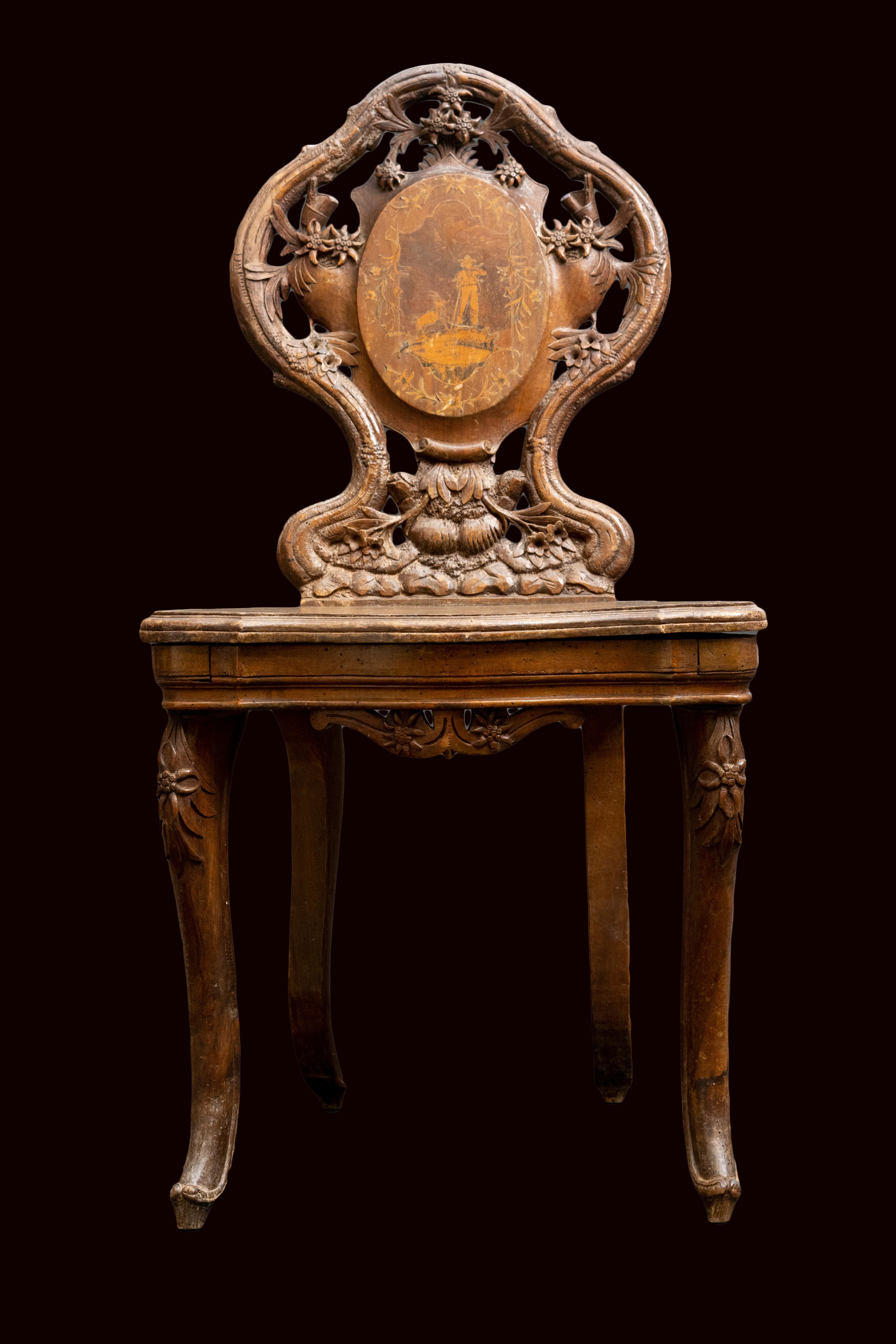 Wood Pair of 19th Century Black Forest Chairs W/ Edelweiss & Enzian Flowers