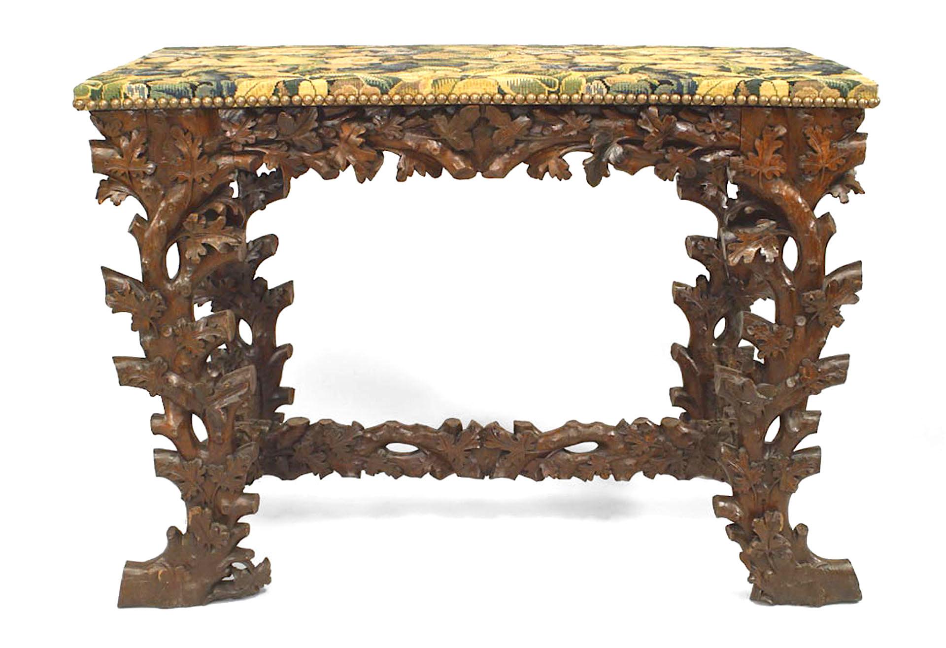 German Pair of Rustic Black Forest Walnut Floral Console Tables For Sale