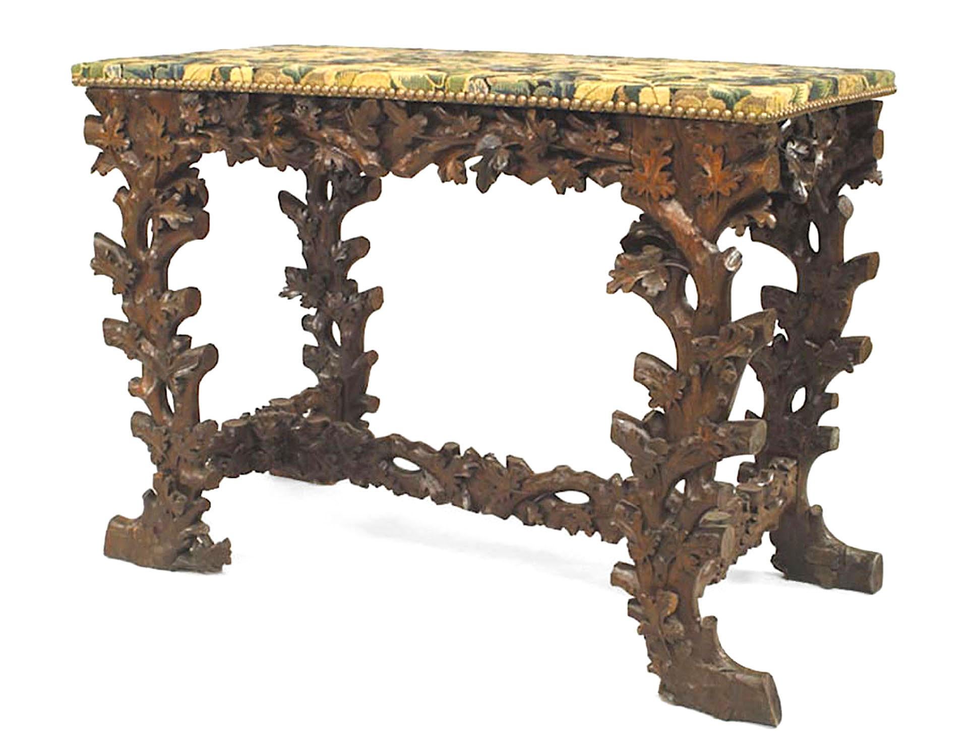 Pair of Rustic Black Forest Walnut Floral Console Tables In Good Condition For Sale In New York, NY