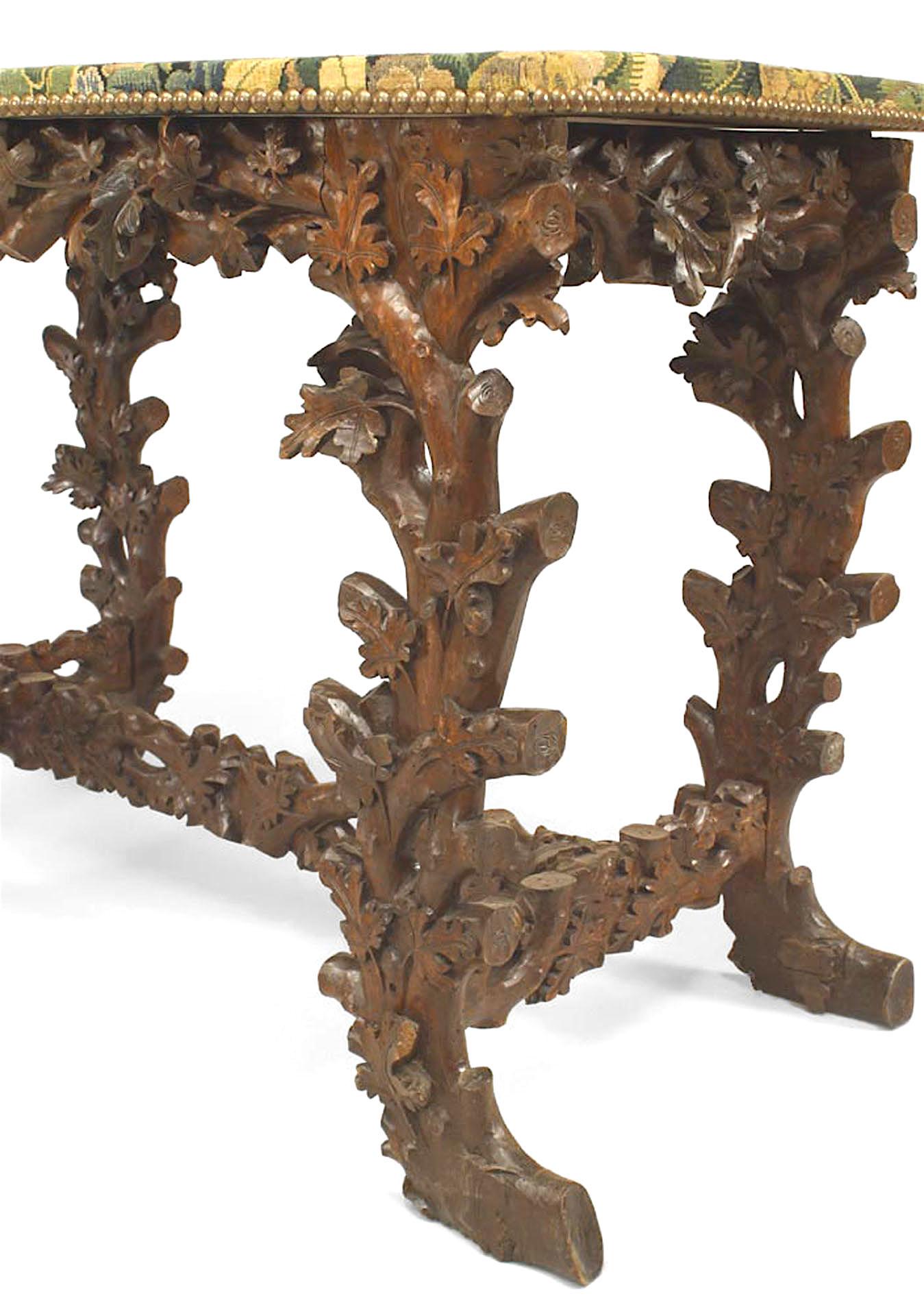 19th Century Pair of Rustic Black Forest Walnut Floral Console Tables For Sale