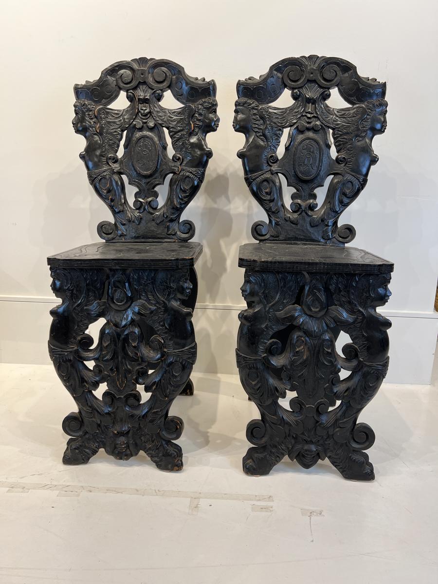 Wood Pair of 19th Century Black Forest Escabell Chairs For Sale