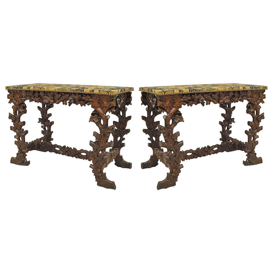 Pair of Rustic Black Forest Walnut Floral Console Tables For Sale