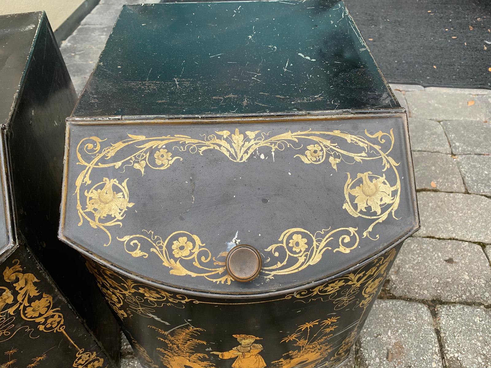 Pair of 19th Century Black & Gilt Chinoiserie Tole Tea/Spice Boxes, Hinged Lids 5