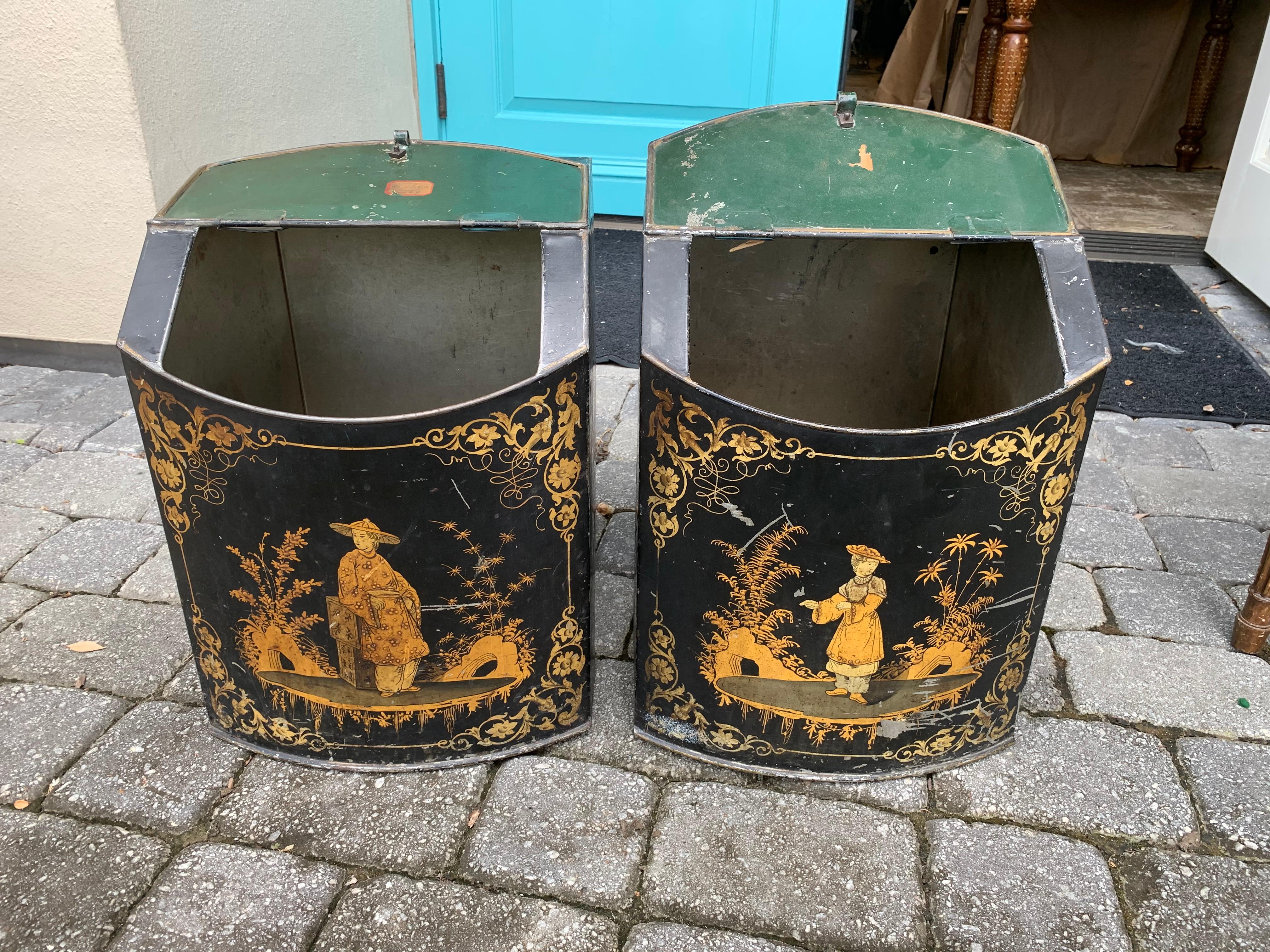 Pair of 19th Century Black & Gilt Chinoiserie Tole Tea/Spice Boxes, Hinged Lids 7