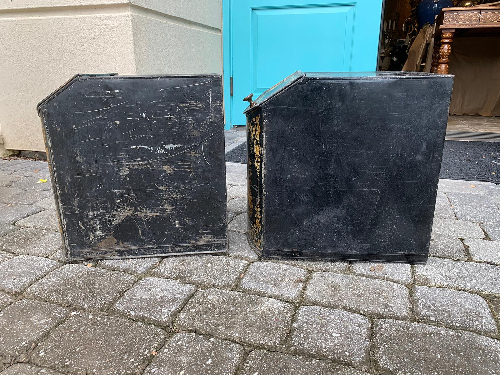 Pair of 19th Century Black & Gilt Chinoiserie Tole Tea/Spice Boxes, Hinged Lids 11