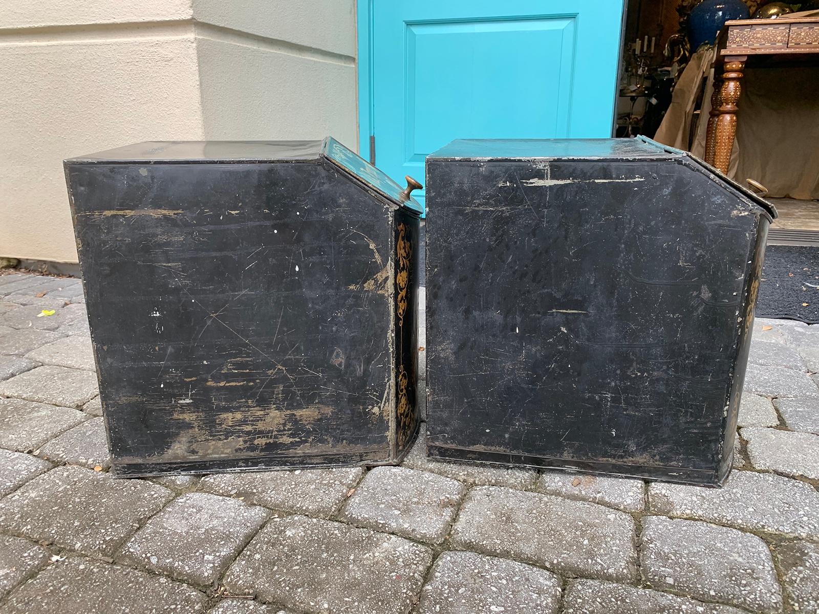 Pair of 19th Century Black & Gilt Chinoiserie Tole Tea/Spice Boxes, Hinged Lids 13