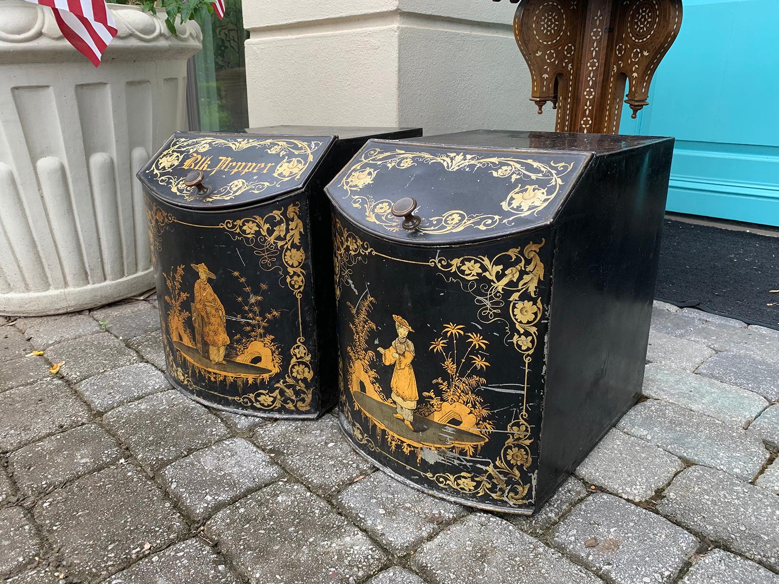 Hand-Painted Pair of 19th Century Black & Gilt Chinoiserie Tole Tea/Spice Boxes, Hinged Lids