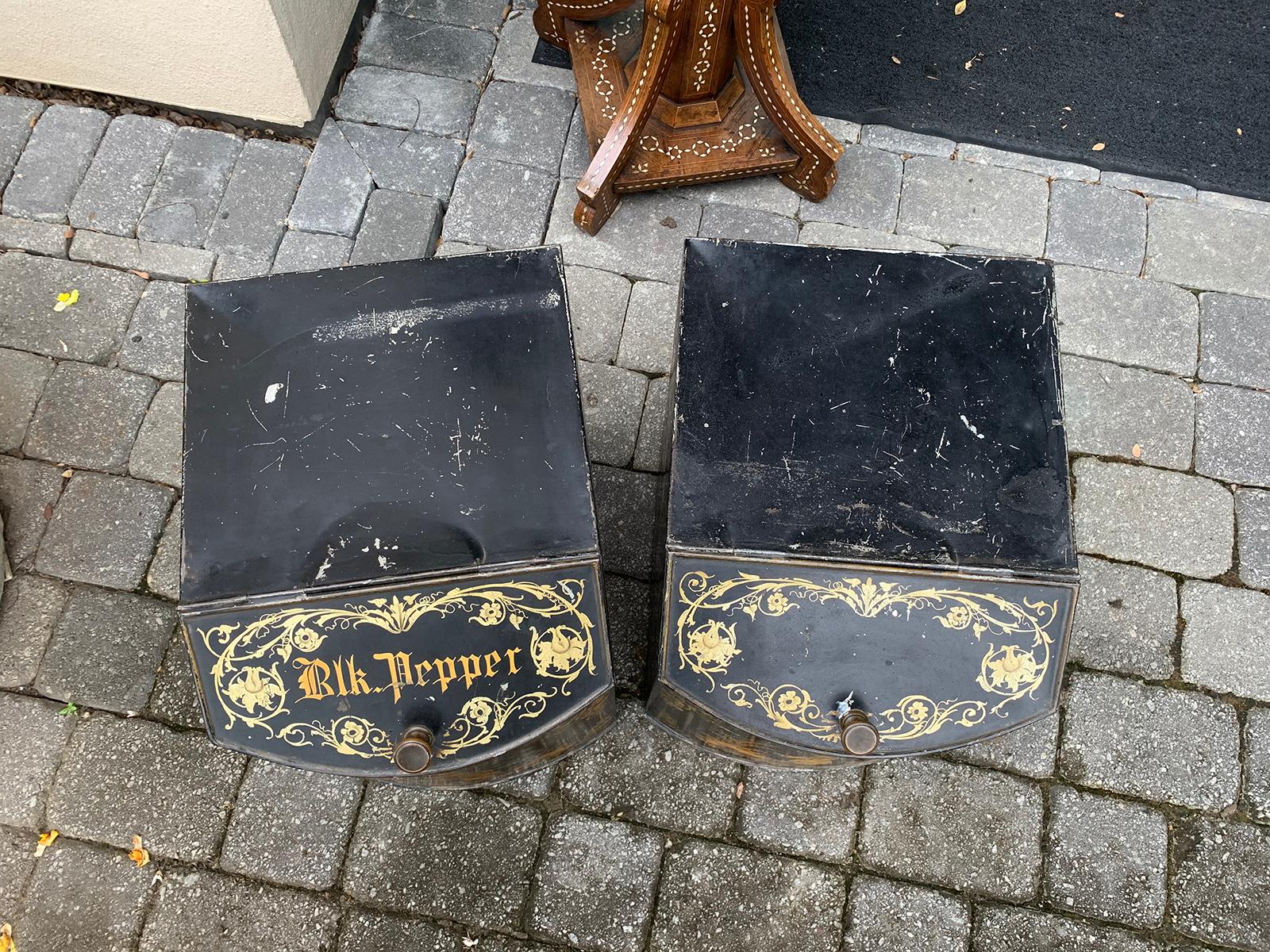 Tôle Pair of 19th Century Black & Gilt Chinoiserie Tole Tea/Spice Boxes, Hinged Lids