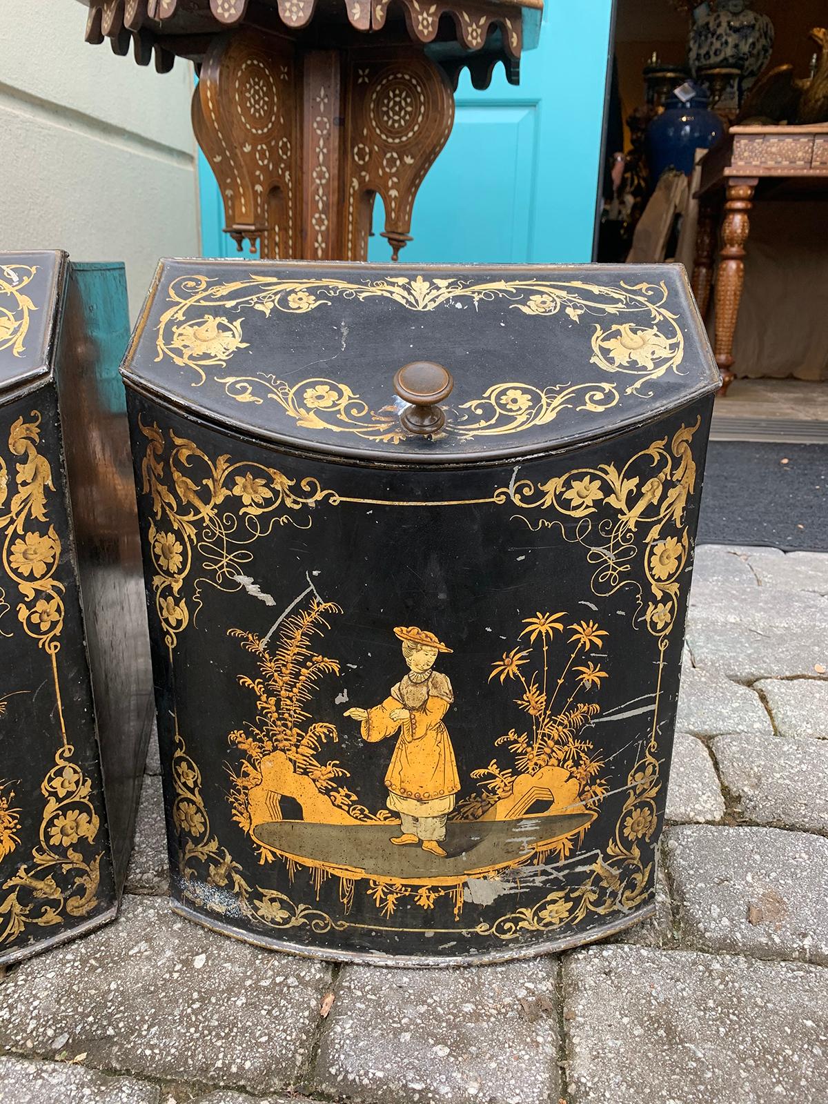 Pair of 19th Century Black & Gilt Chinoiserie Tole Tea/Spice Boxes, Hinged Lids 1