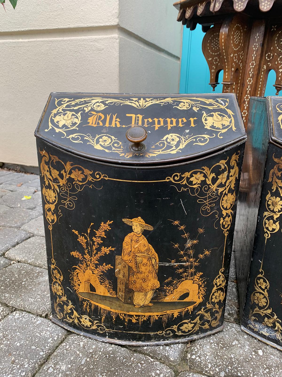 Pair of 19th Century Black & Gilt Chinoiserie Tole Tea/Spice Boxes, Hinged Lids 2