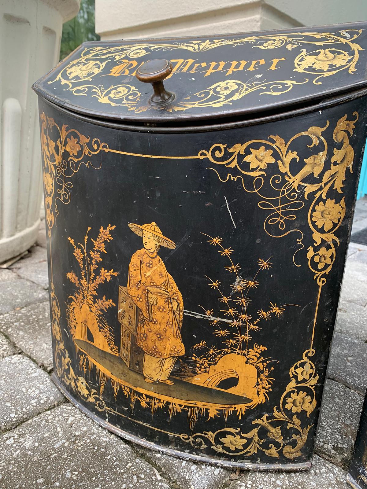 Pair of 19th Century Black & Gilt Chinoiserie Tole Tea/Spice Boxes, Hinged Lids 4