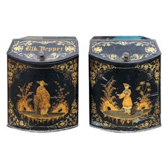 Pair of 19th Century Black & Gilt Chinoiserie Tole Tea/Spice Boxes, Hinged Lids