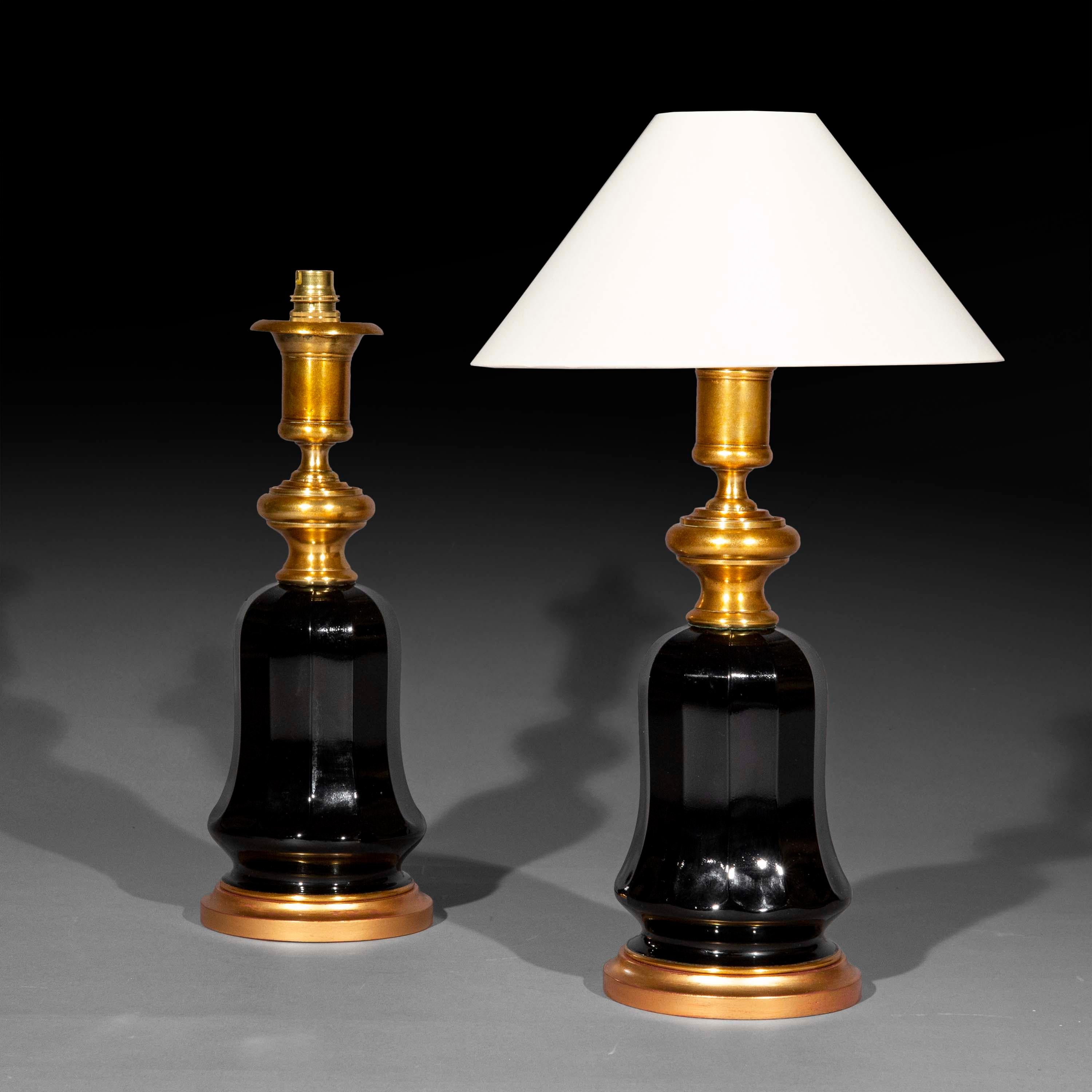 Brass Pair of 19th Century Black Glass Lamps