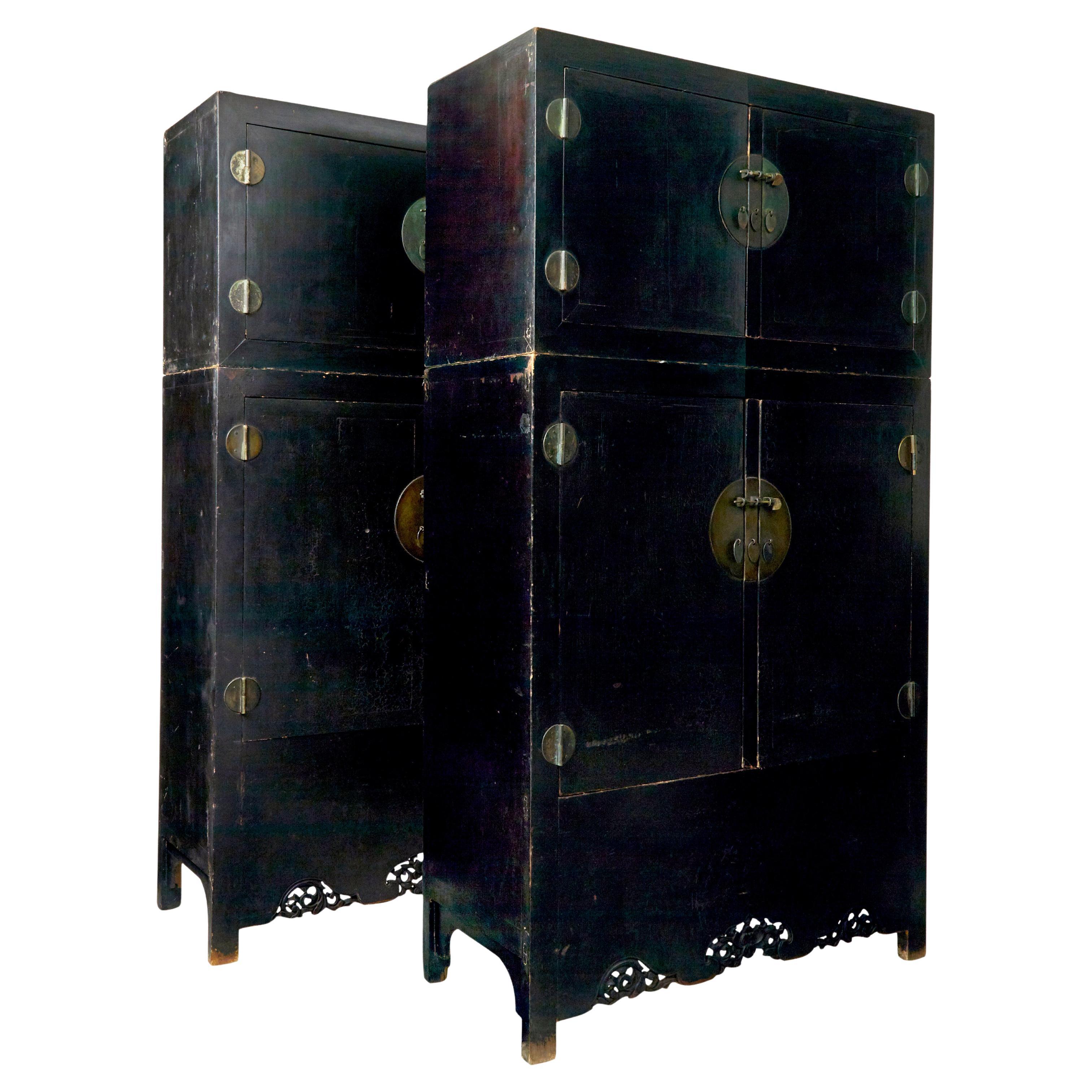 Pair of 19th century black lacquered Chinese compound cabinets For Sale