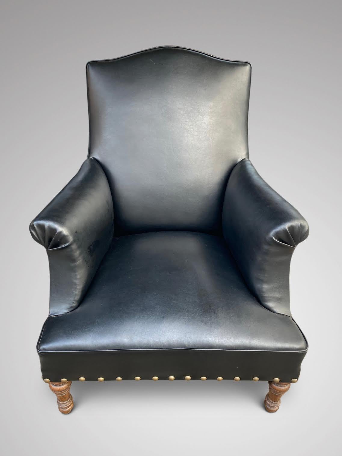 French Pair of 19th Century Black Leather Library Armchairs