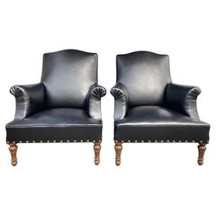 Pair of 19th Century Black Leather Library Armchairs