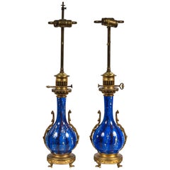 Pair of 19th Century Blue and Paint Splattered Porcelain Lamps