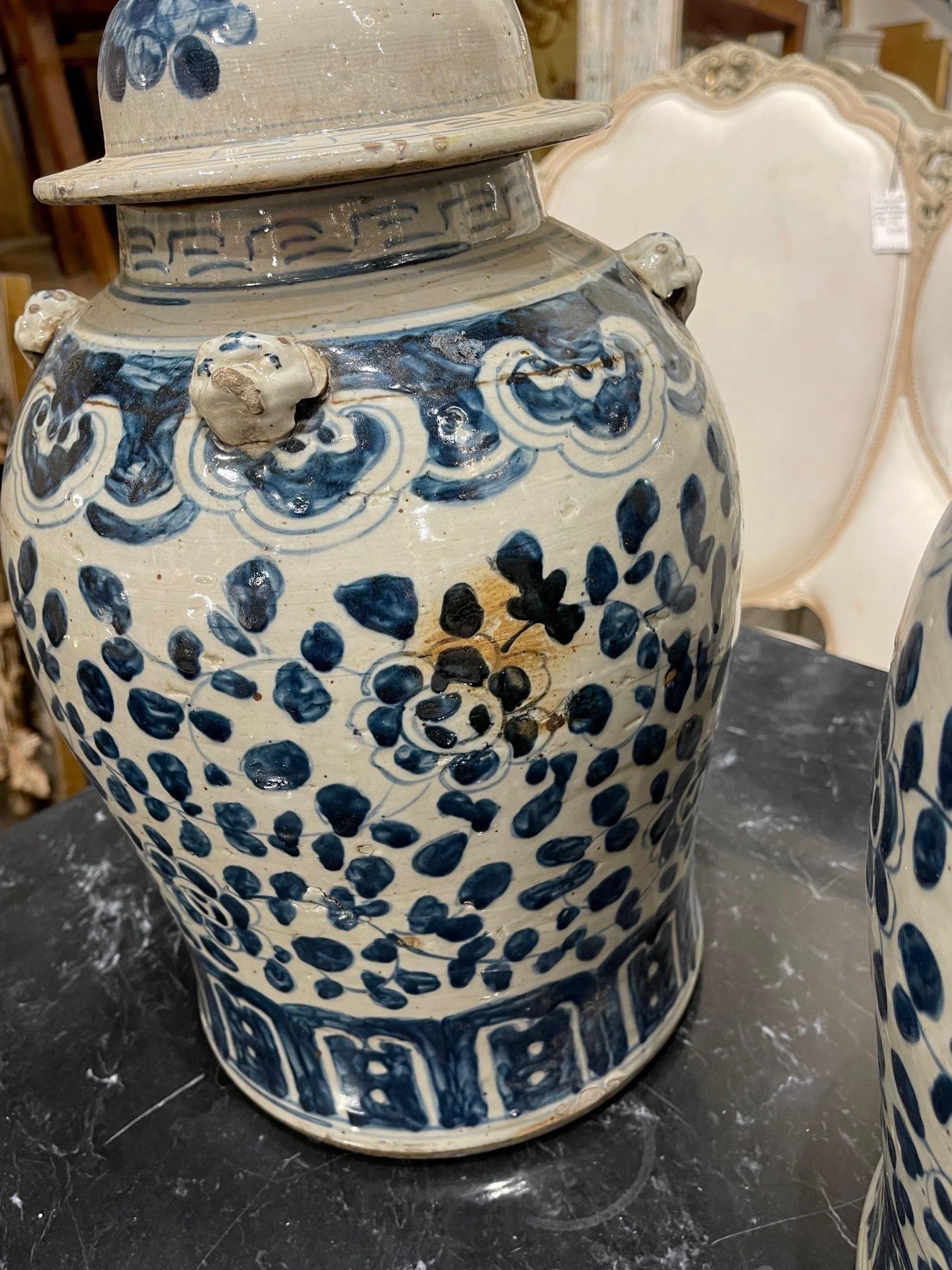 Ceramic Pair of 19th Century Blue and White Chinese Ginger Jars