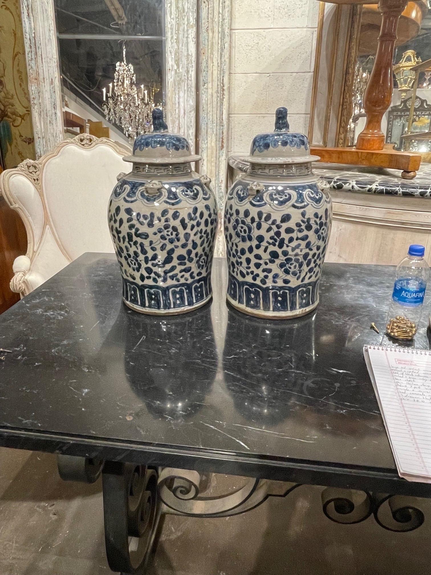 Pair of 19th Century Blue and White Chinese Ginger Jars 3